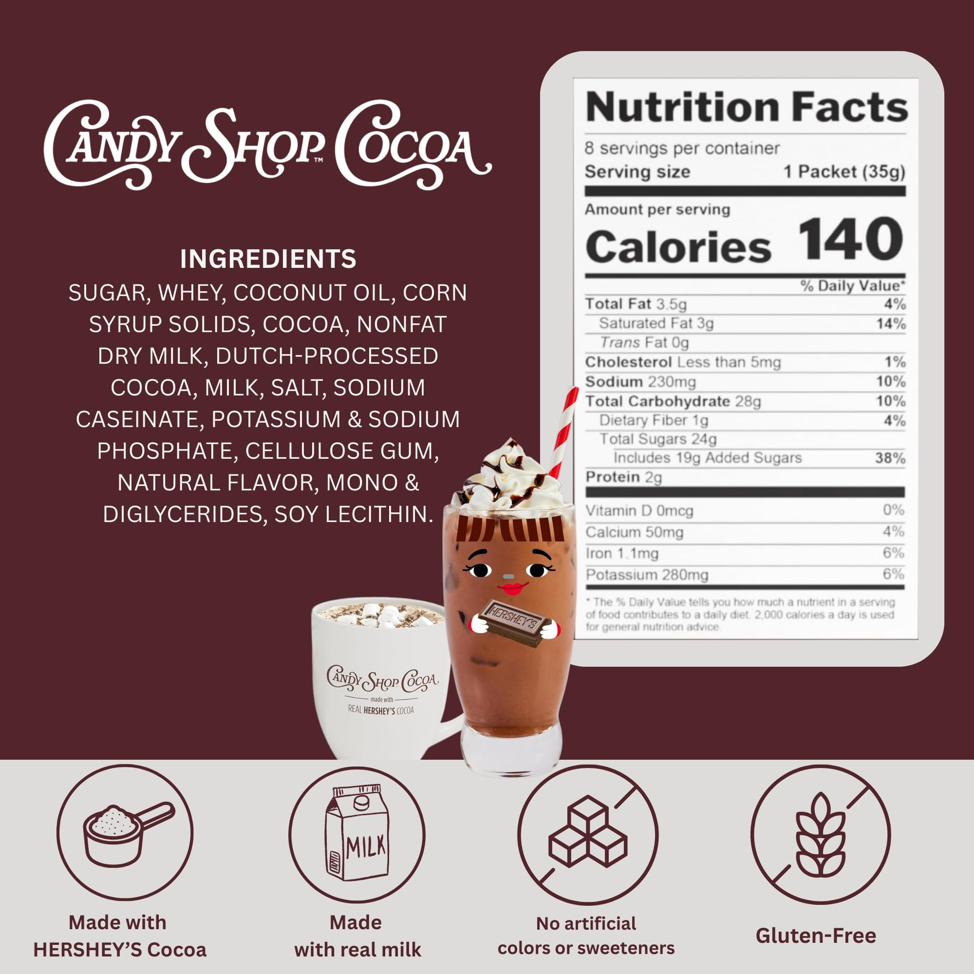 Candy Shop Cocoa packets closeup emphasizing convenient single-serving sachets.