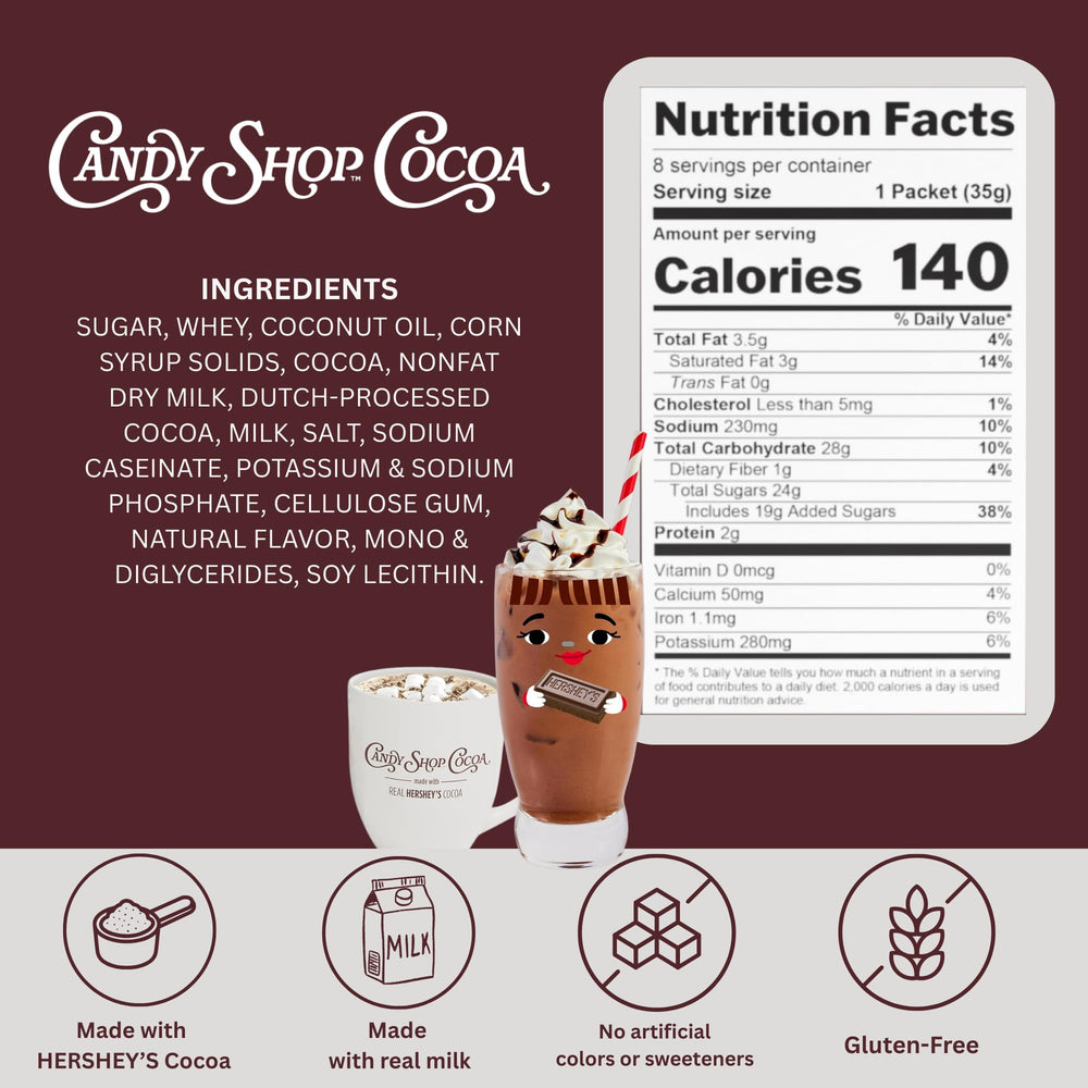 Candy Shop Cocoa packets closeup emphasizing convenient single-serving sachets.