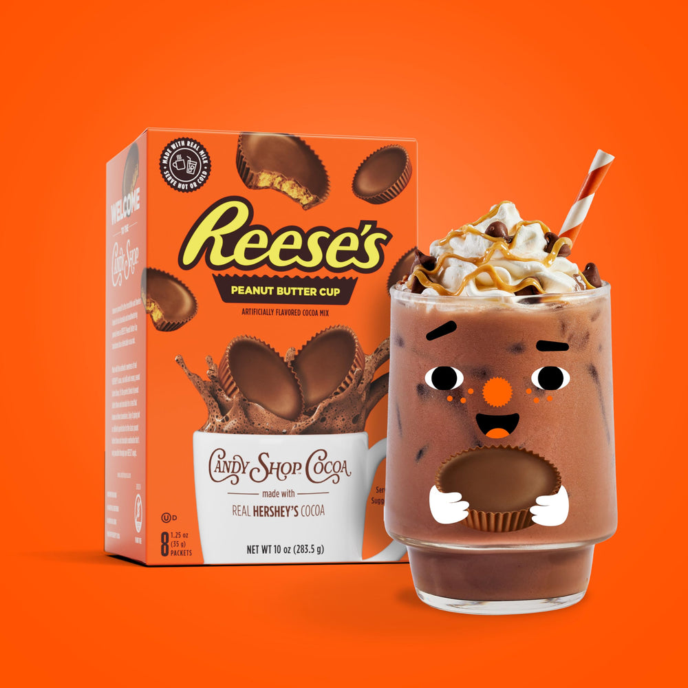 Candy Shop Cocoa Reese's cold cocoa served over ice for refreshing treat