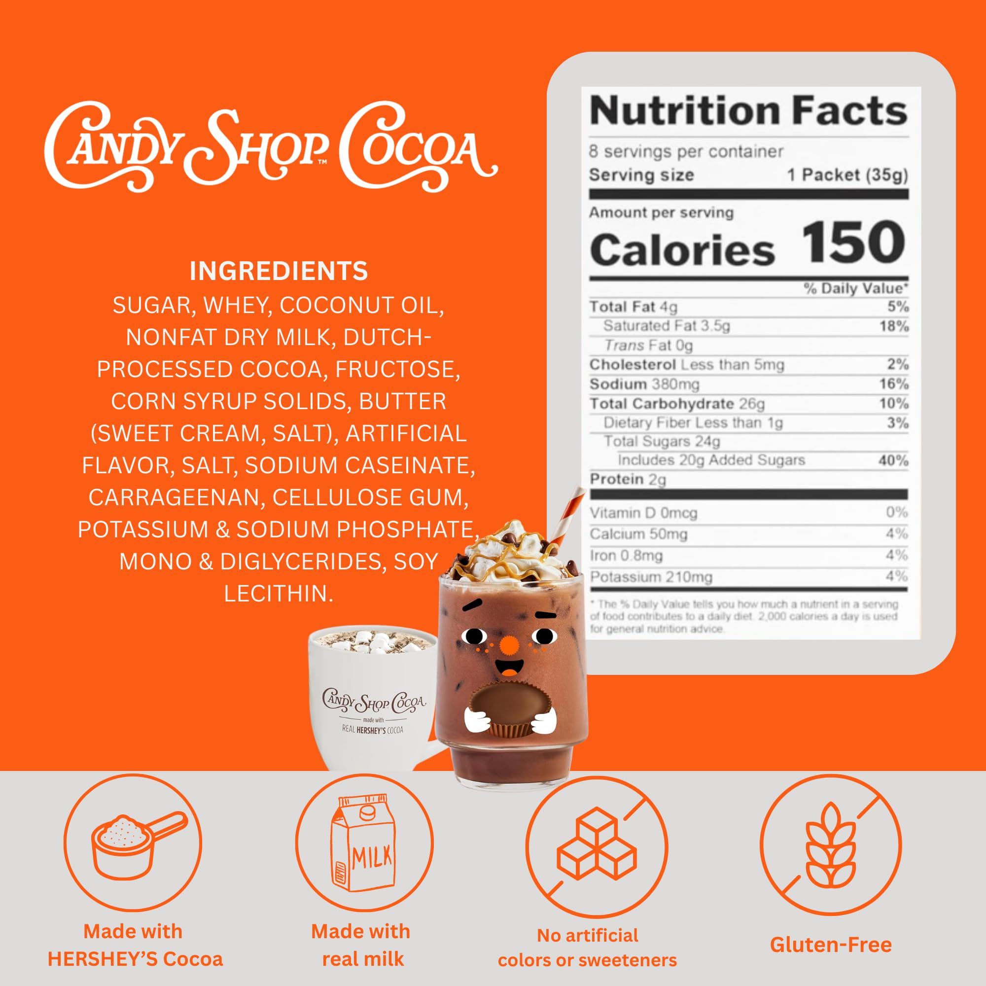 Candy Shop Cocoa Reese's hot cocoa in a mug with creamy milk notes