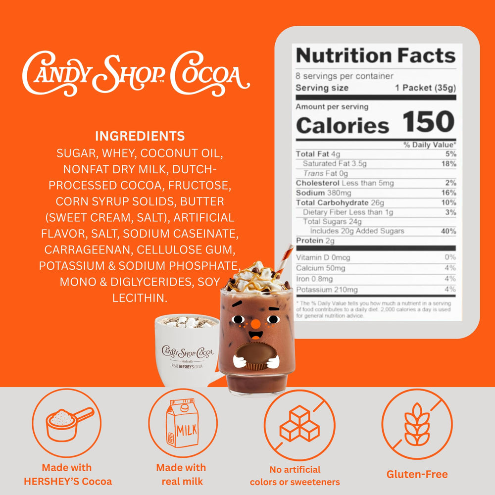 Candy Shop Cocoa Reese's hot cocoa in a mug with creamy milk notes