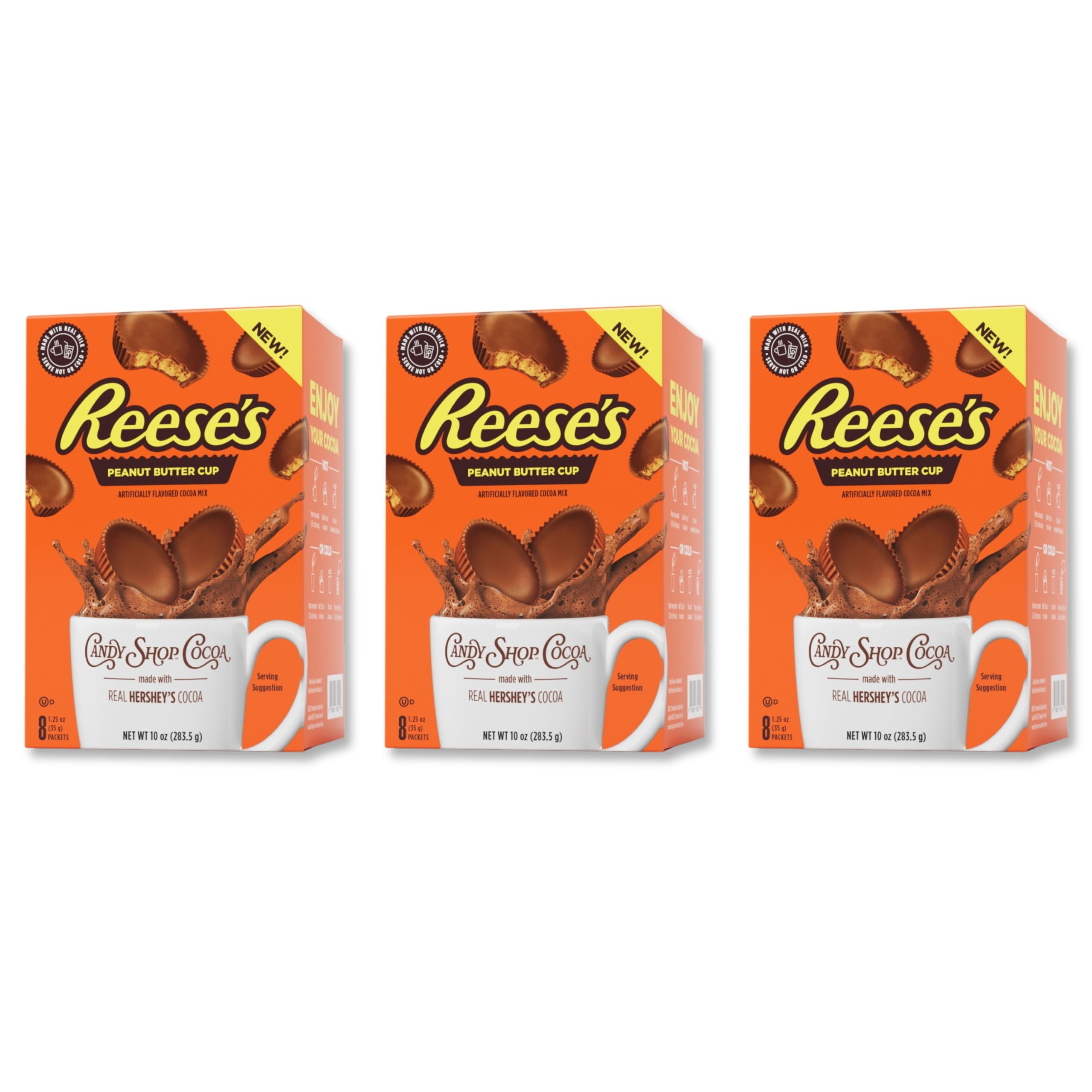 Candy Shop Cocoa Reese's mix being poured into a mug for rich chocolate flavor