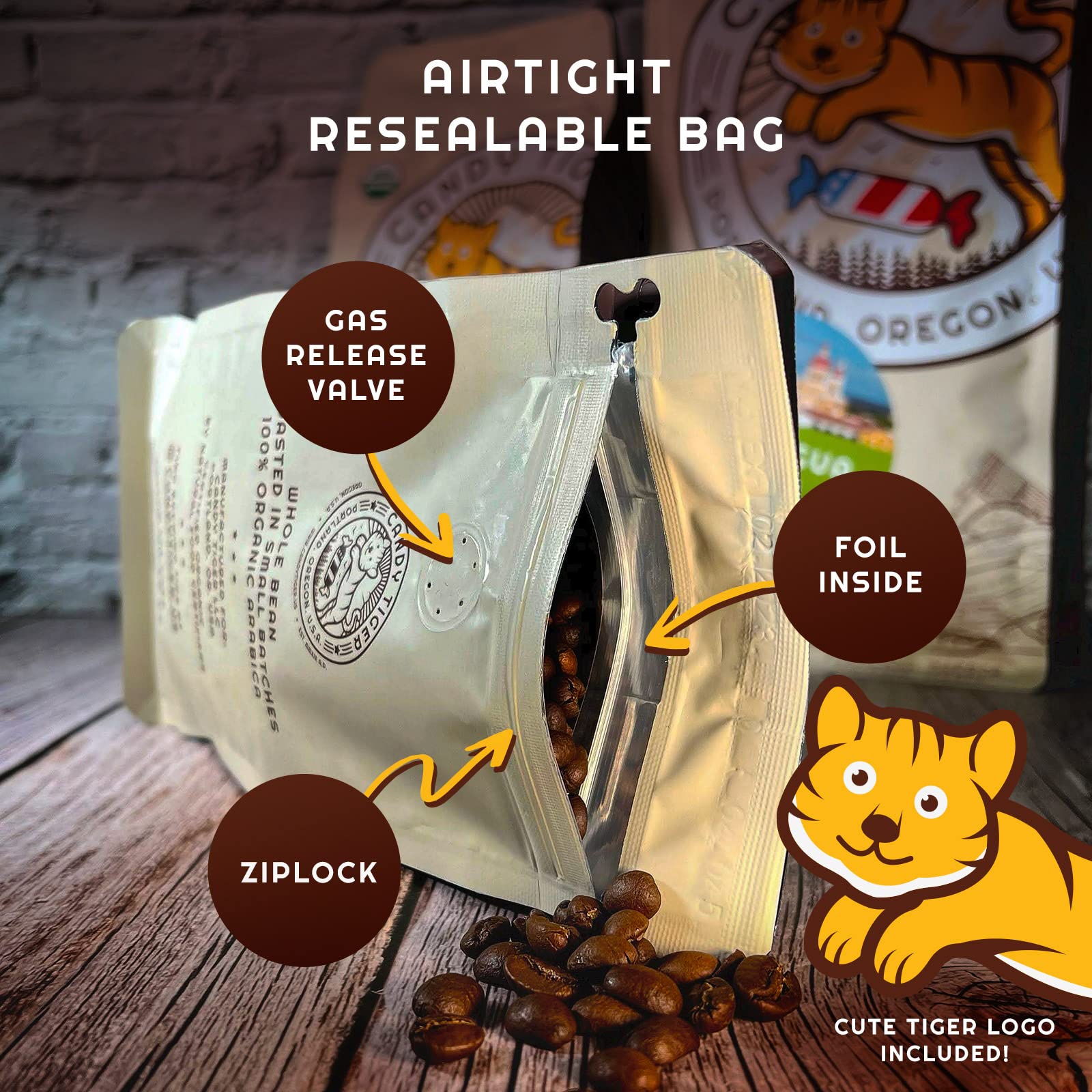 Candy Tiger direct trade label; traceable origin to your mug.