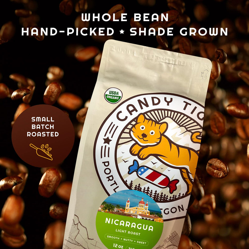 Candy Tiger Light Roast beans, bright flavor for pour-over or drip