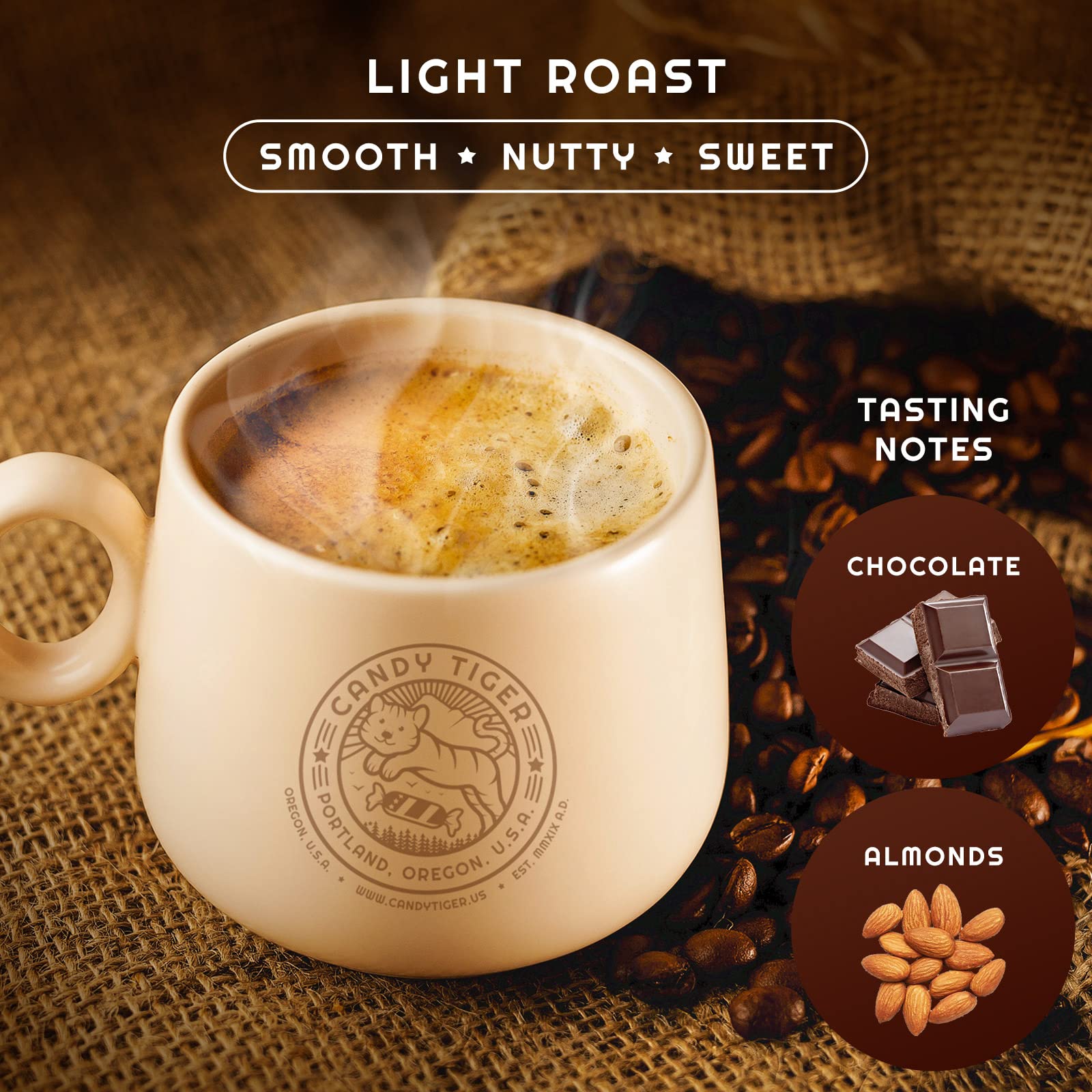 Candy Tiger organic coffee pack; premium quality with USDA organic certification.