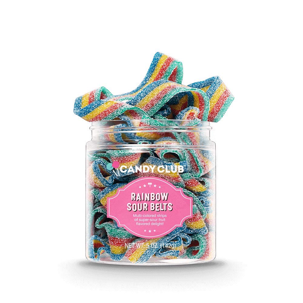 Candy Club gourmet gummy rainbow sour belts in a jar for convenient gifting and on-the-go snacking