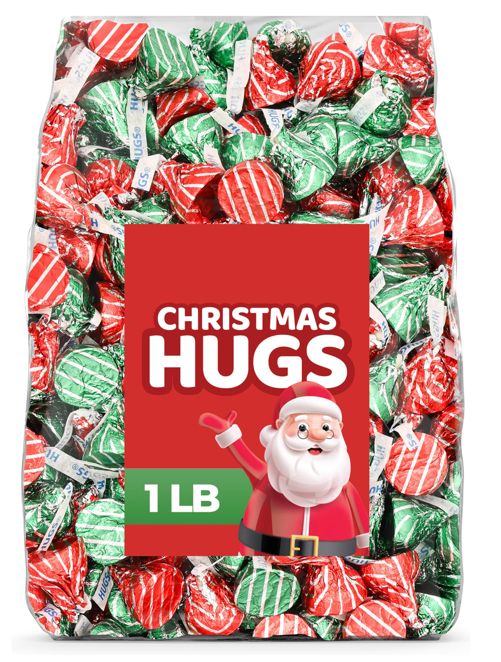 Candylish Christmas Hugs 1LB with red and green foils, festive candy for stockings
