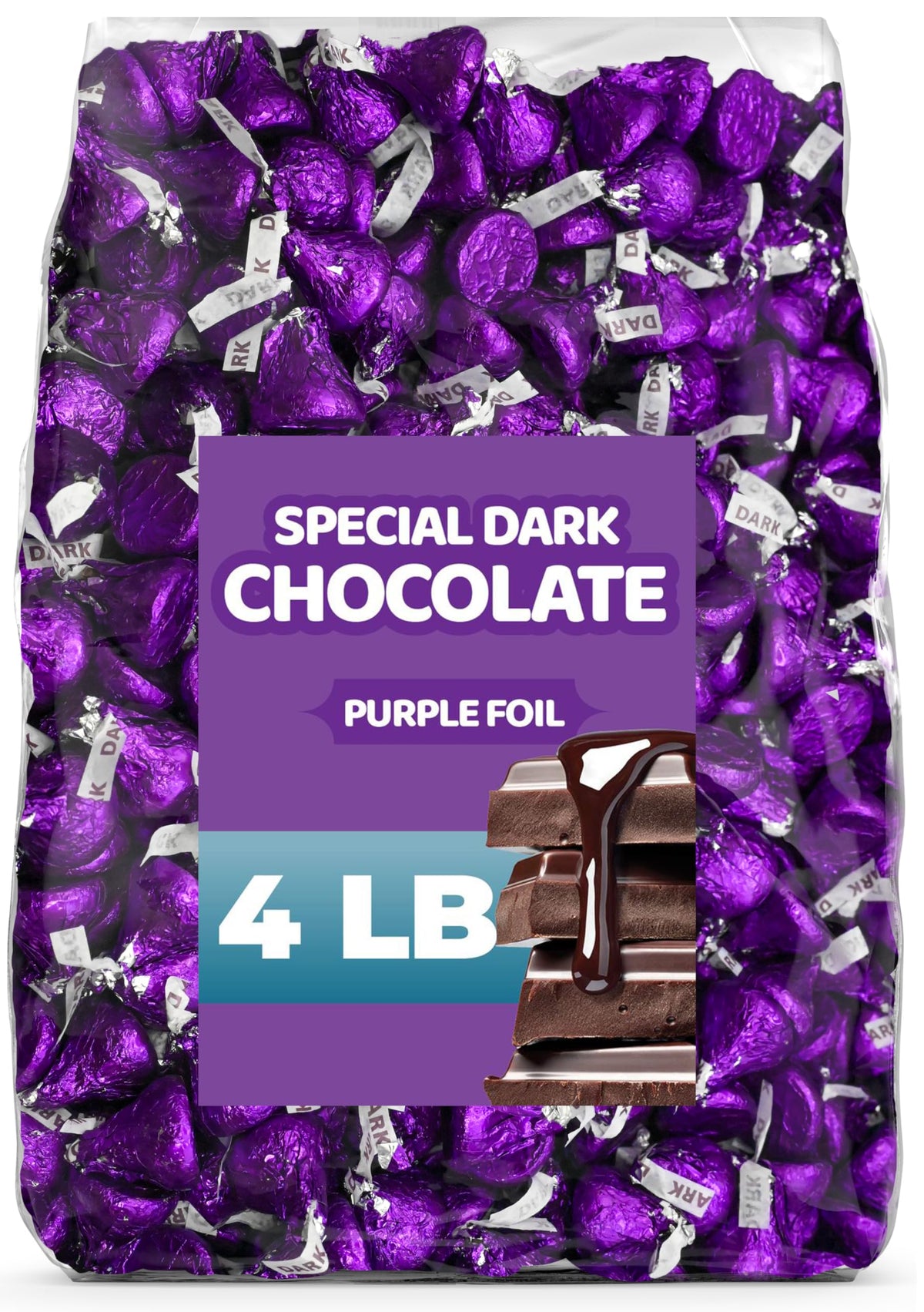 Candylish Special Dark Chocolate bulk with purple foil wrappers, perfect for parties and gifts.