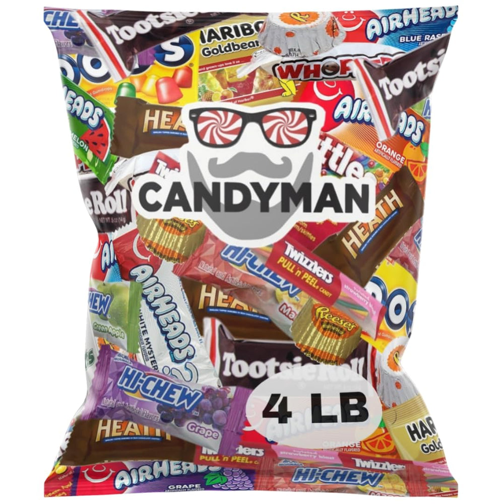 Candyman 4 lb bundle of mixed mini chocolates for sharing at parties.
