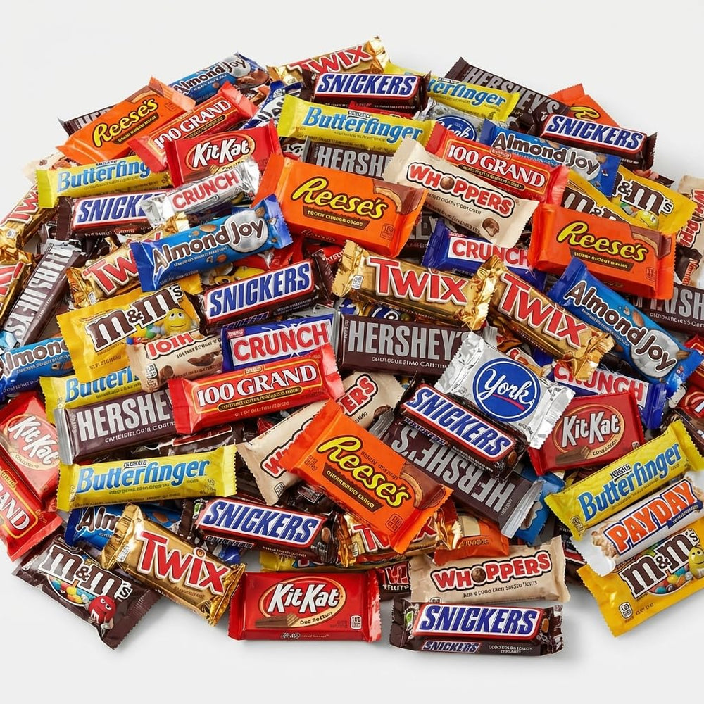 Candyman assorted mini chocolates close-up showcasing milk and dark varieties.