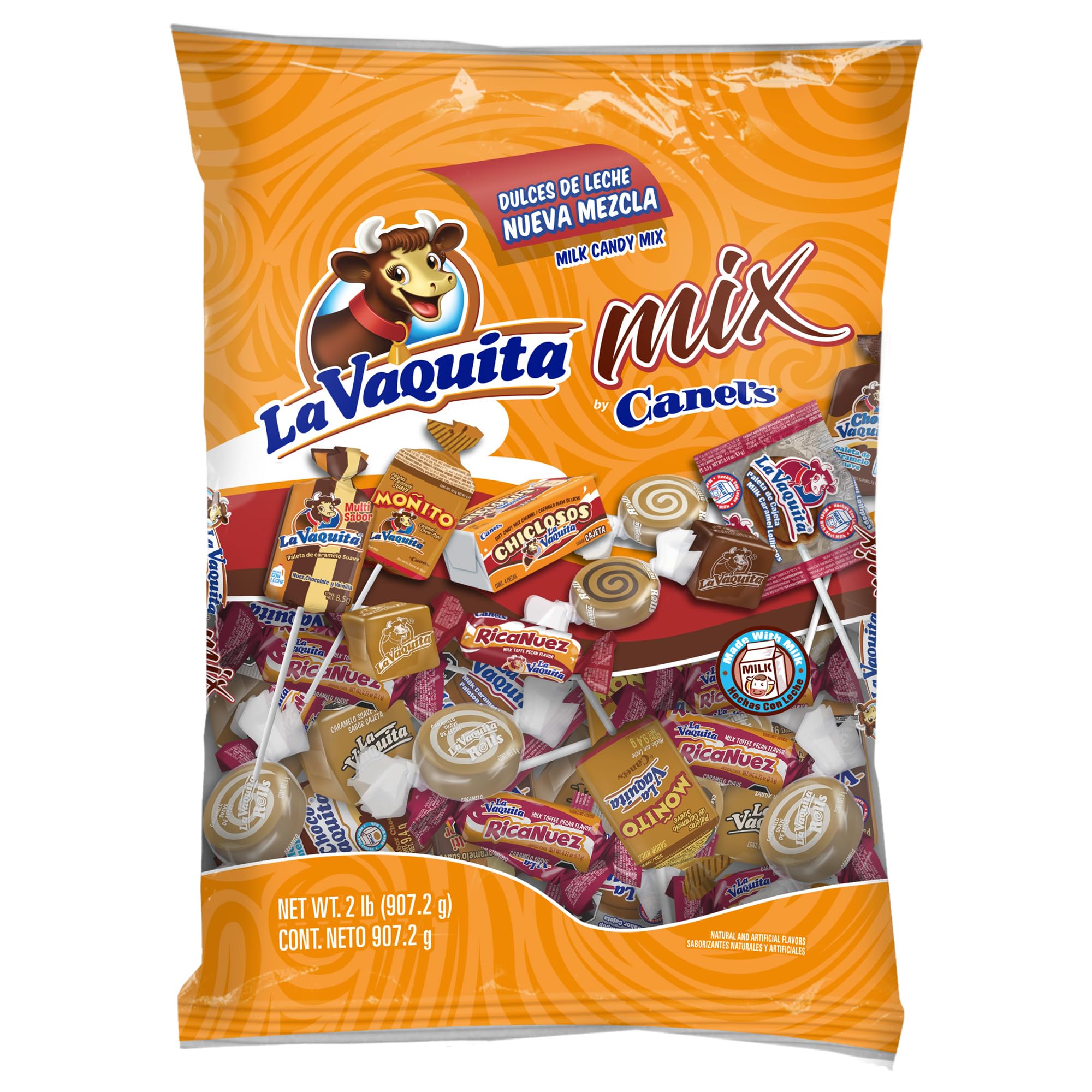 Canel's La Vaquita mix bag inside view shows creamy caramels and lollipops for sharing.