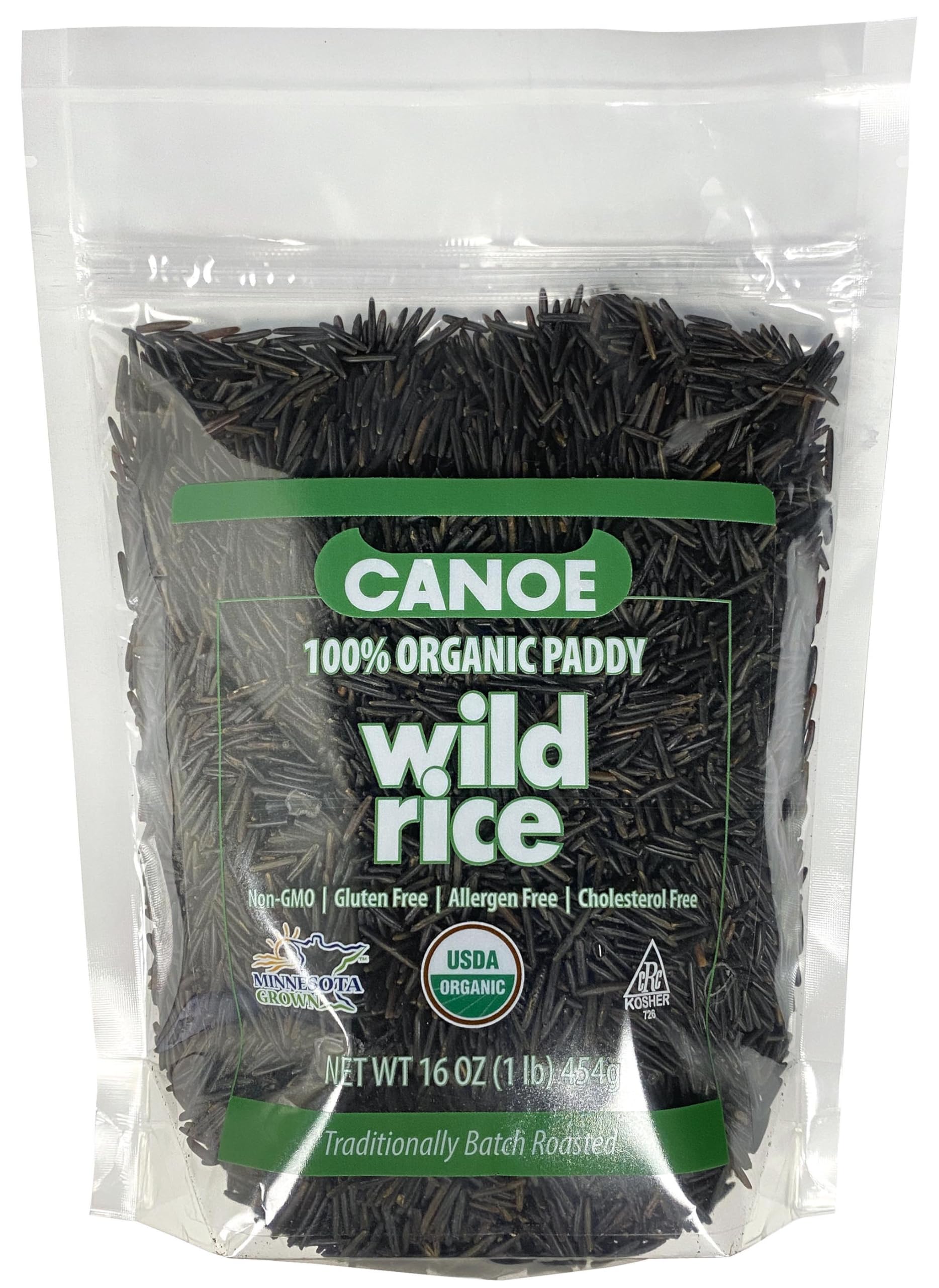 Canoe Wild Rice 1lb package shows pure organic grains for healthy meals