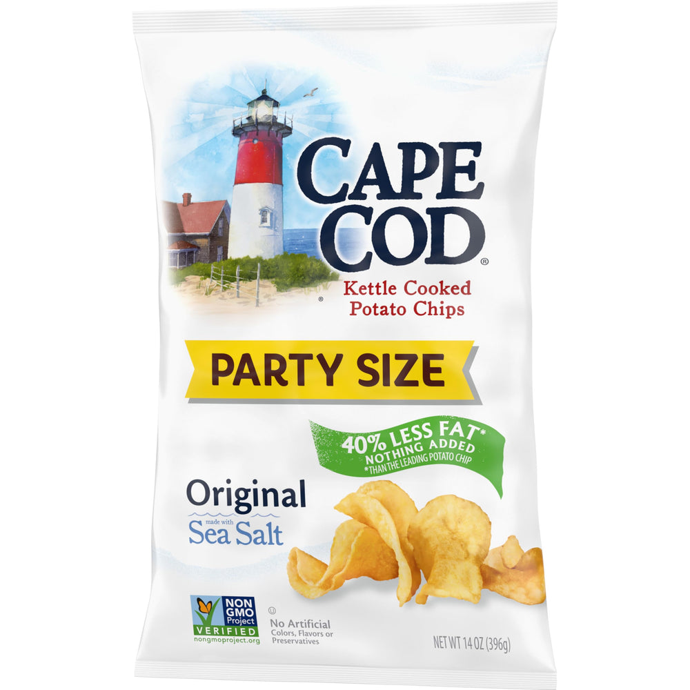 Cape Cod bag open with chips ready for snacking during events.