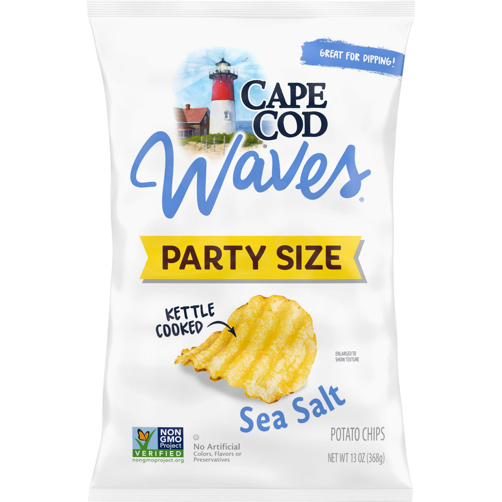 Cape Cod Waves Sea Salt chips bag close-up showing ridged, kettle-cooked crunch.