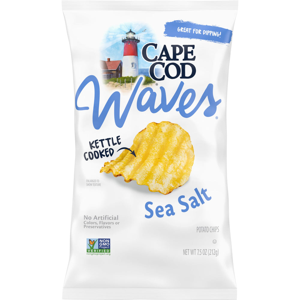 Cape Cod Waves sea salt chips bag front with ridges ready for dipping.