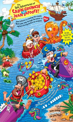 Cap'n Crunch box on the kitchen counter signaling family-friendly breakfast.