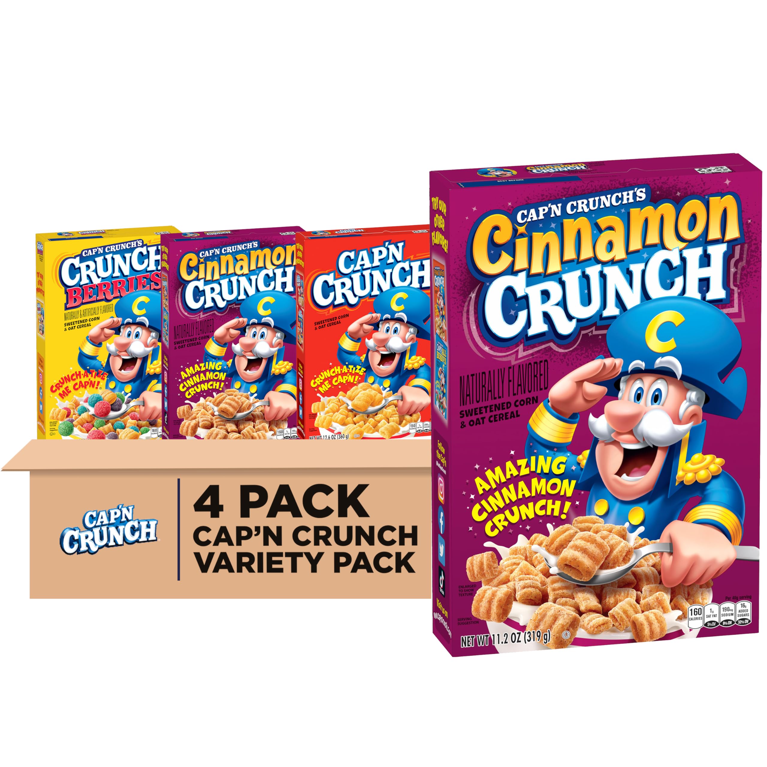 Cap'n Crunch Cinnamon cereal boxes stacked, ideal for a quick, satisfying breakfast.
