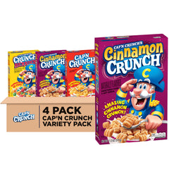 Cap'n Crunch Cinnamon cereal boxes stacked, ideal for a quick, satisfying breakfast.