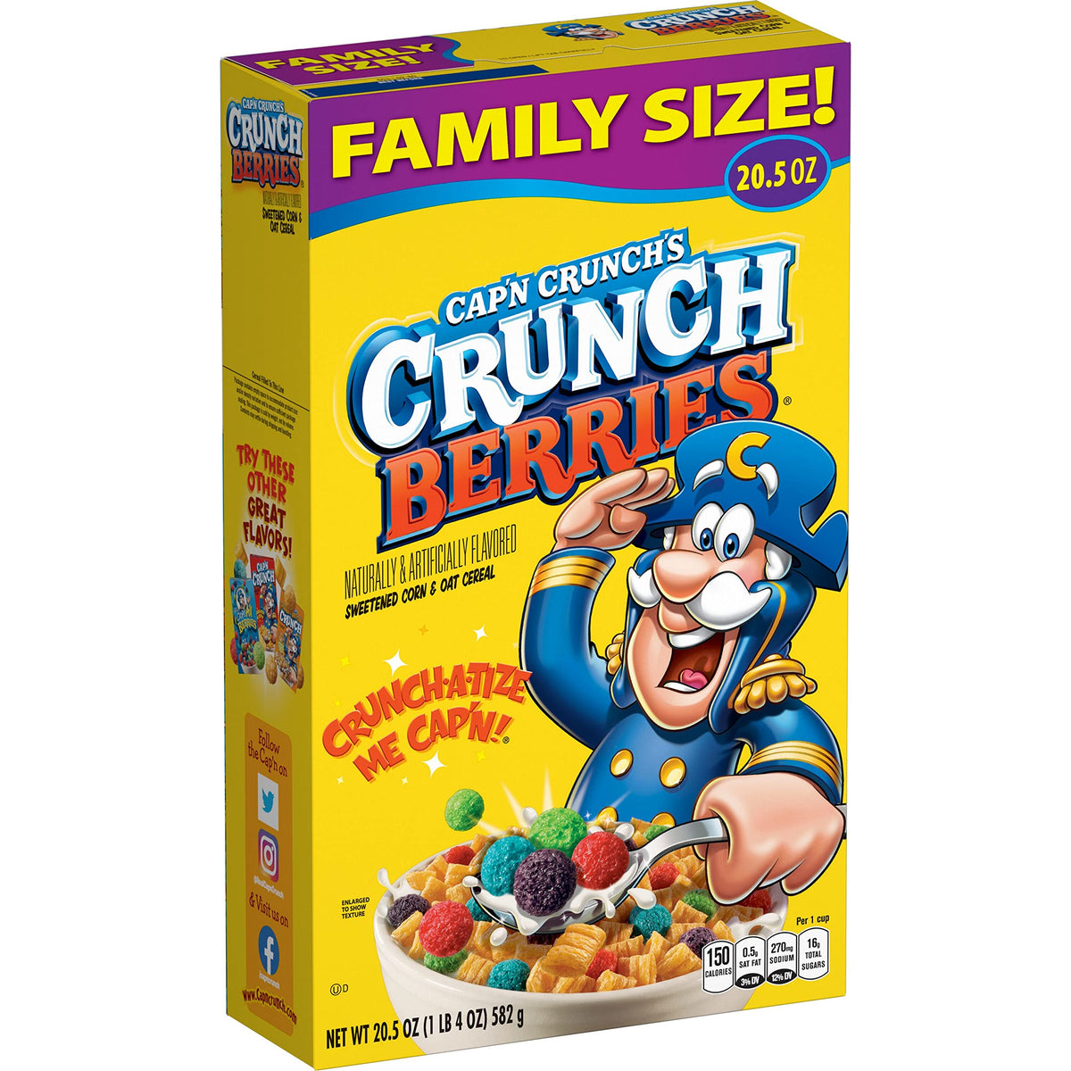 Cap'n Crunch Crunch Berries cereal box, quick family breakfast option.