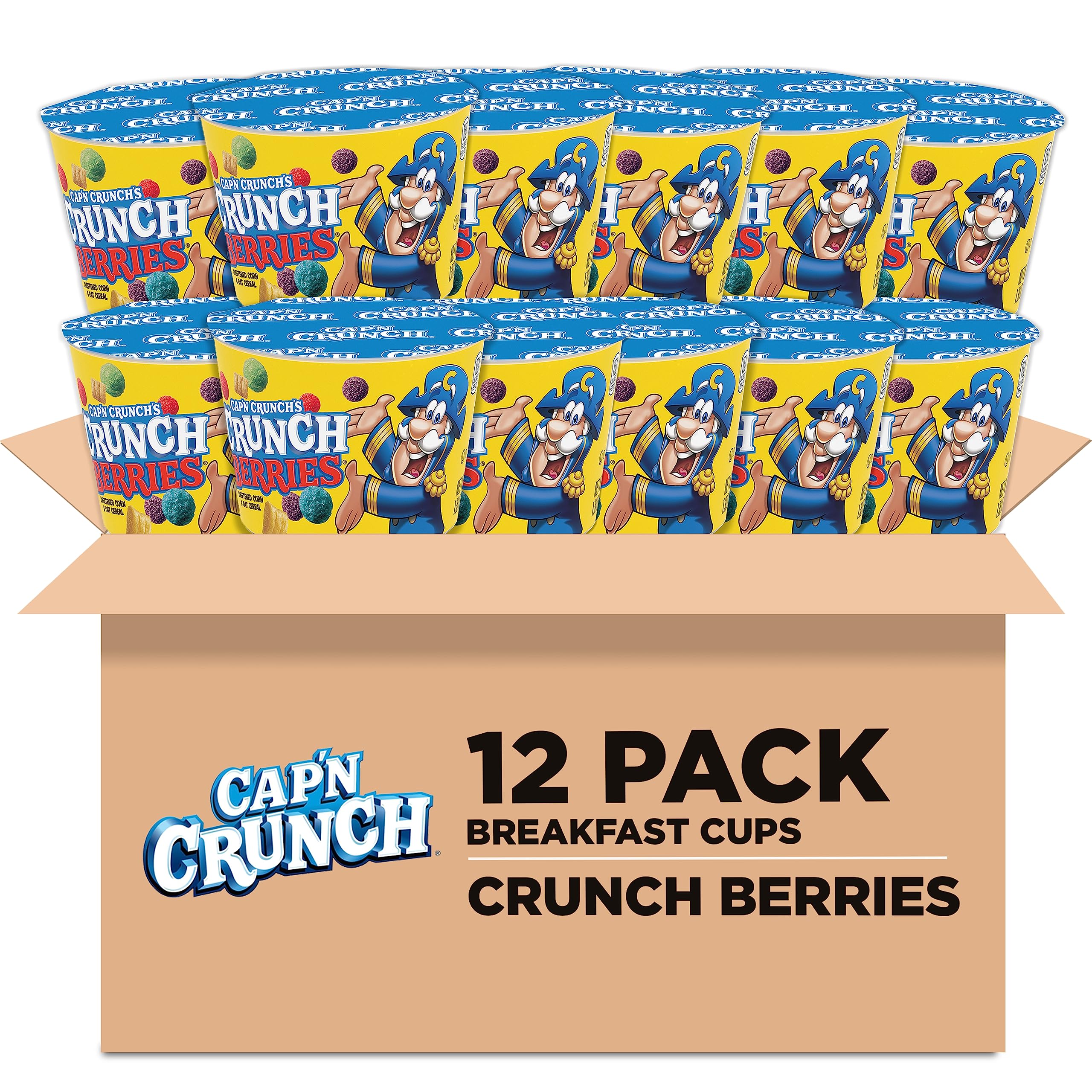 Cap'n Crunch Crunchberries cereal cups in a 12-pack, ideal for quick breakfasts.