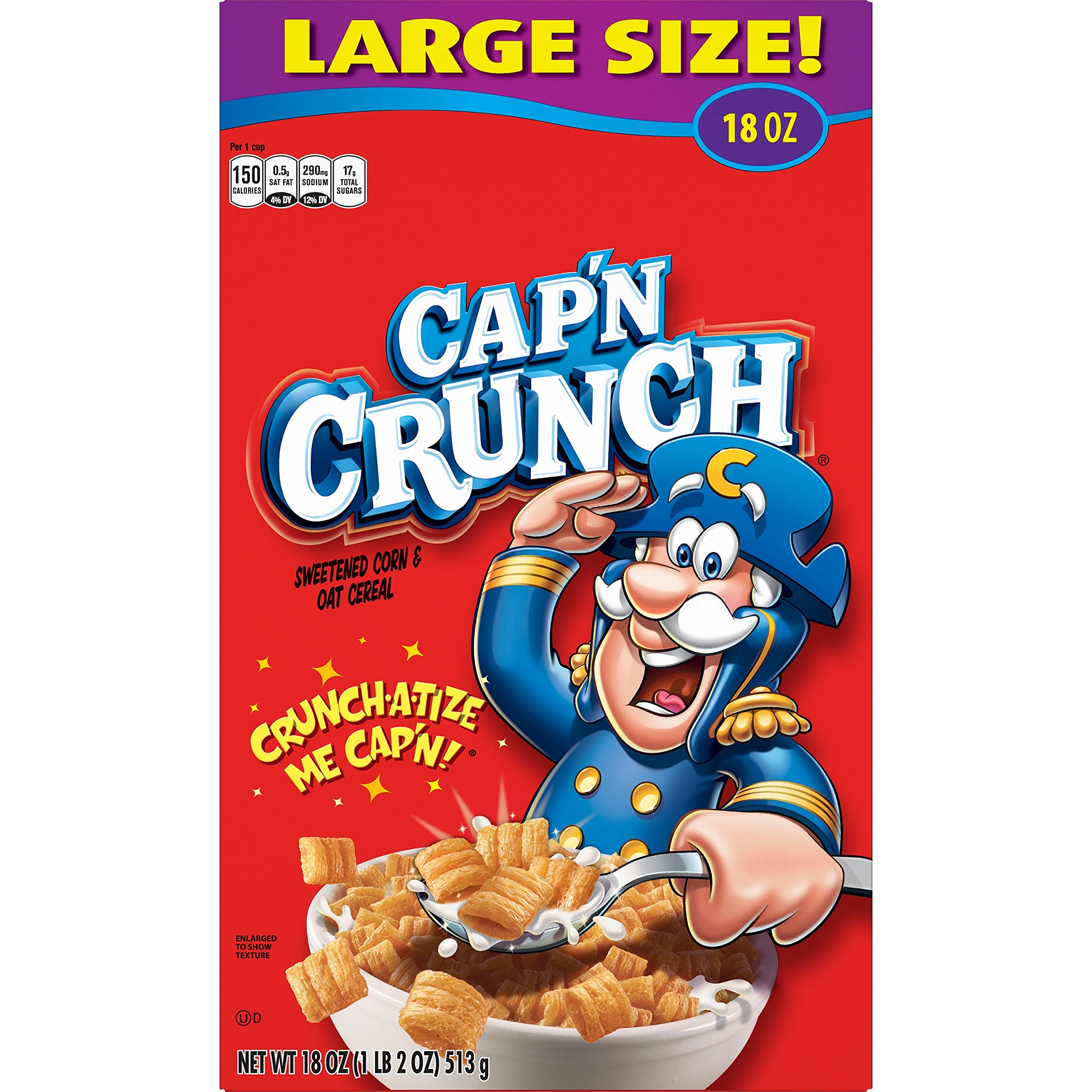 Cap'n Crunch cereal with milk, perfect for a fast bite.