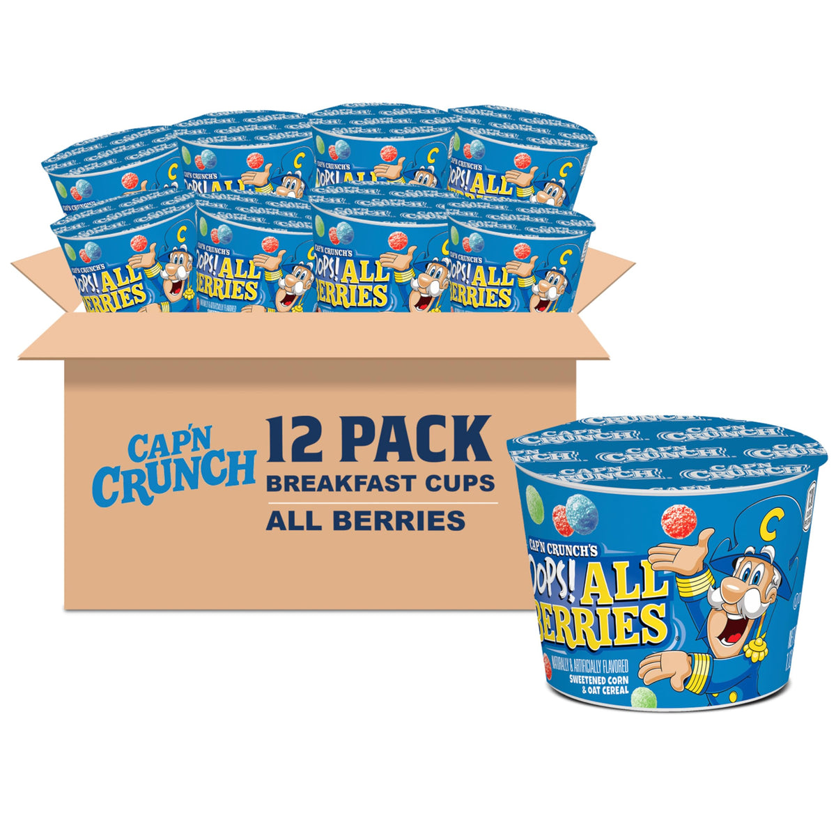 Cap'n Crunch OOPS All Berries cups pack shown for on-the-go convenience and quick breakfast