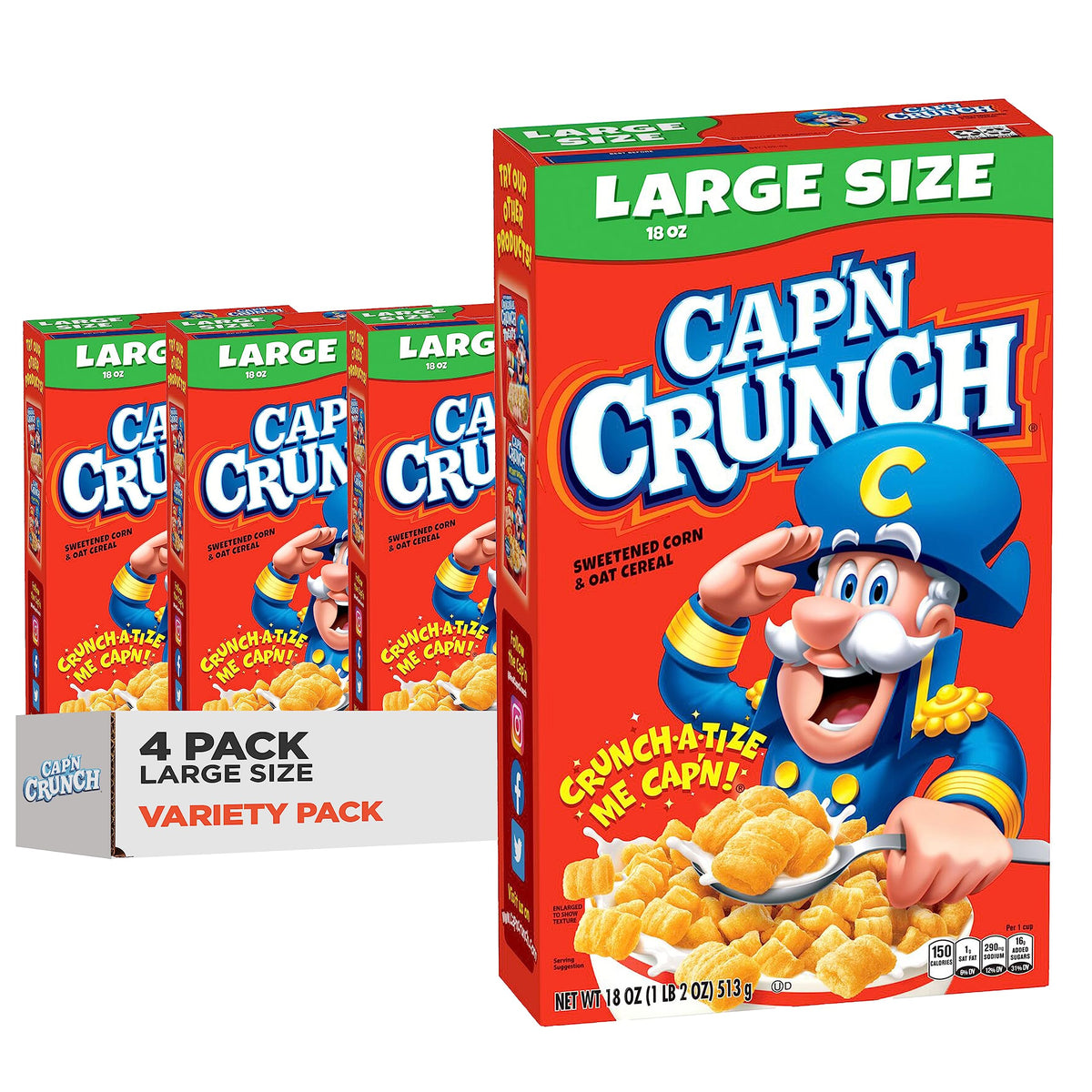 Cap'n Crunch Original cereal box four-pack ready for quick family breakfasts.