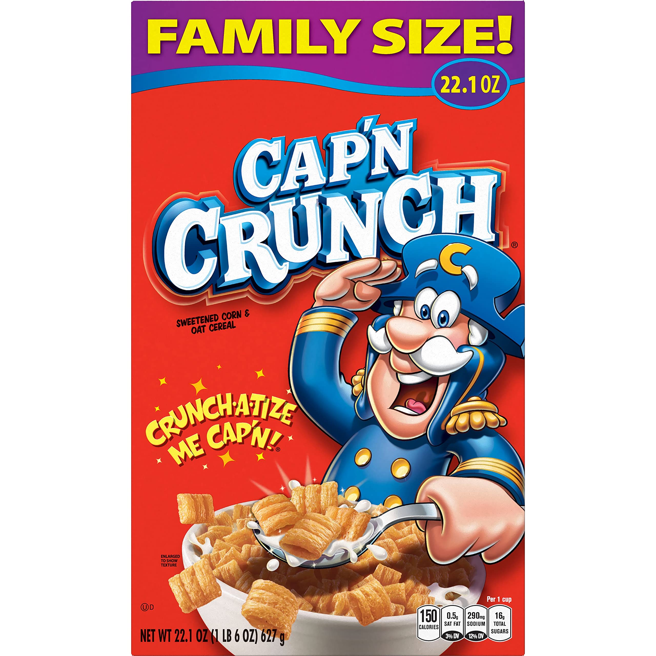 Cap'n Crunch Original cereal being poured for a golden breakfast.