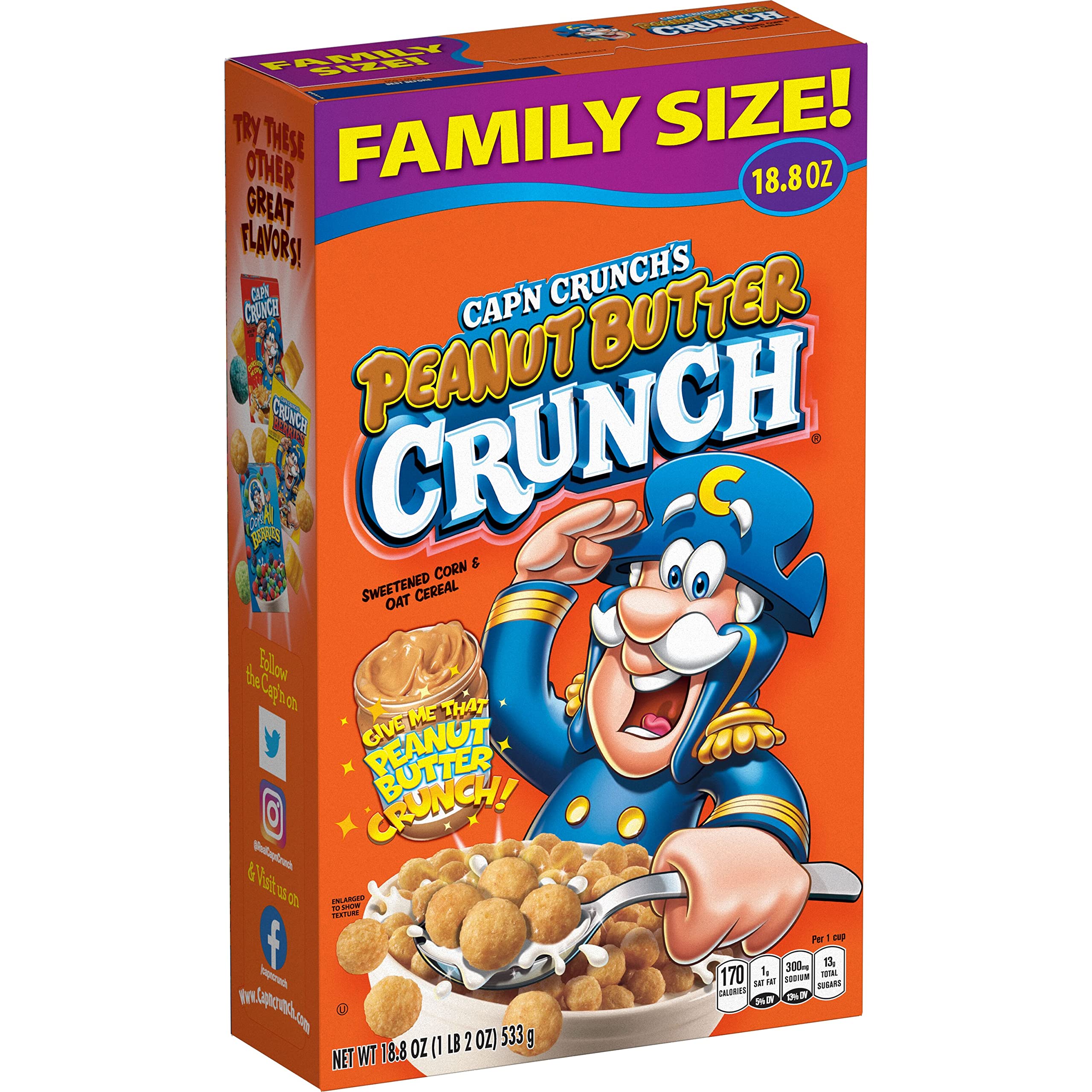 Cap'n Crunch Peanut Butter Crunch cereal in a bowl with milk, ideal for quick mornings.