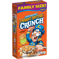 Cap'n Crunch Peanut Butter Crunch cereal in a bowl with milk, ideal for quick mornings.