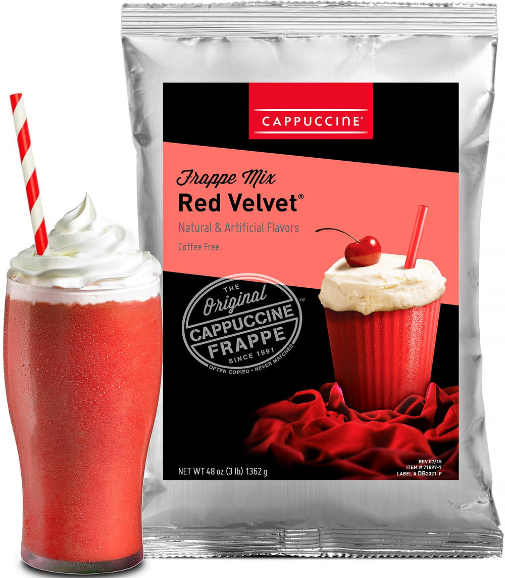 Cappuccine Red Velvet Frappe Mix bag, ideal for easy at-home cafe beverages.