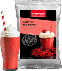 Cappuccine Red Velvet Frappe Mix bag, ideal for easy at-home cafe beverages.