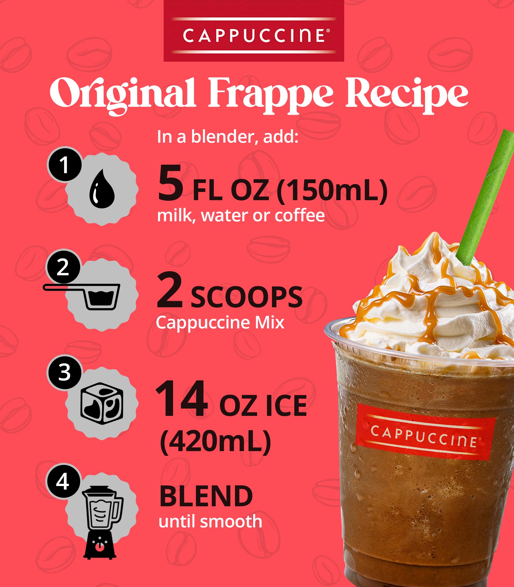 Cappuccine Red Velvet Frappe Mix pour demonstrates quick, cafe-quality frappes.