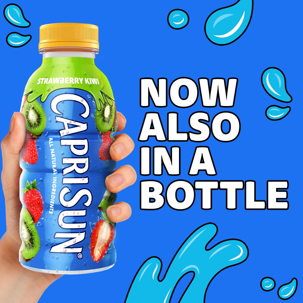 Capri Sun bottle pour captures a refreshing stream of strawberry kiwi.