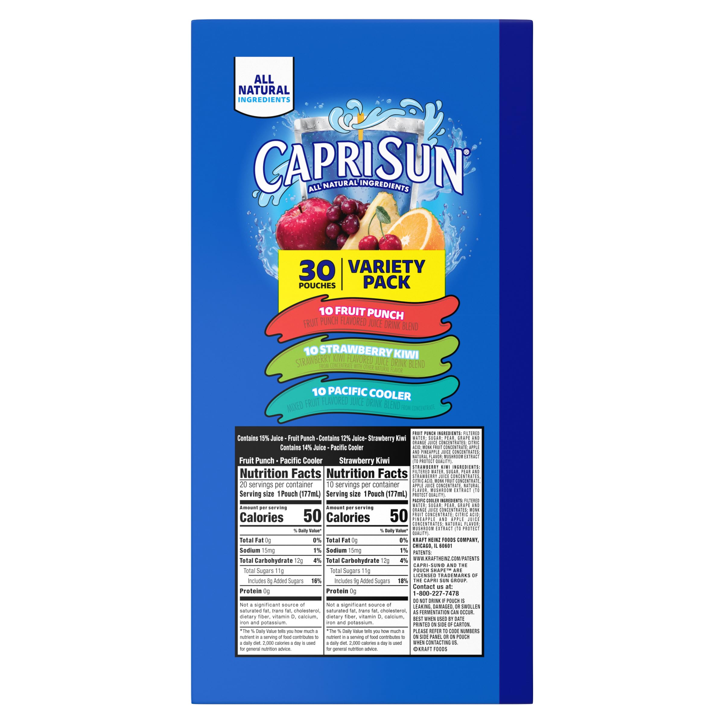 Capri Sun pouch variety showing three flavors: Fruit Punch, Strawberry Kiwi, Pacific Cooler