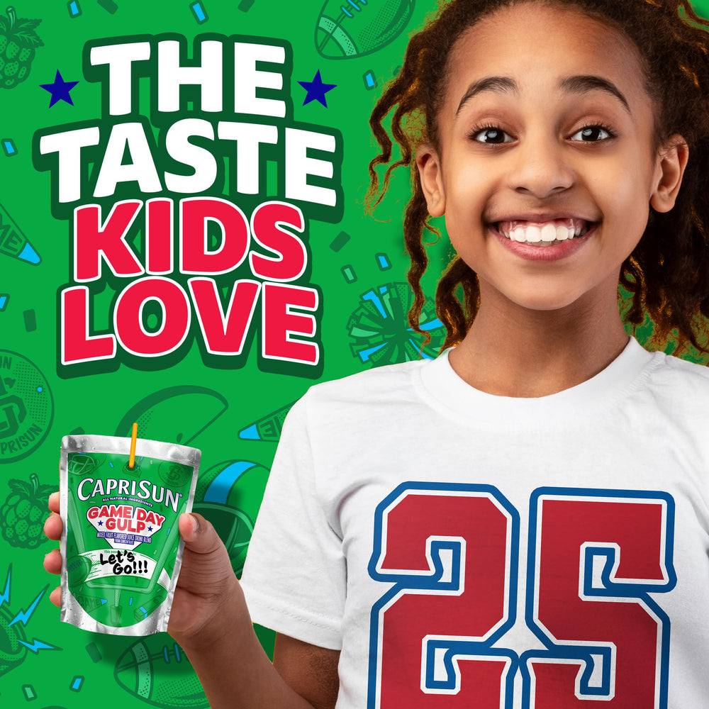 Capri Sun Game Day Gulp image highlights all-natural ingredients for a simple snack.