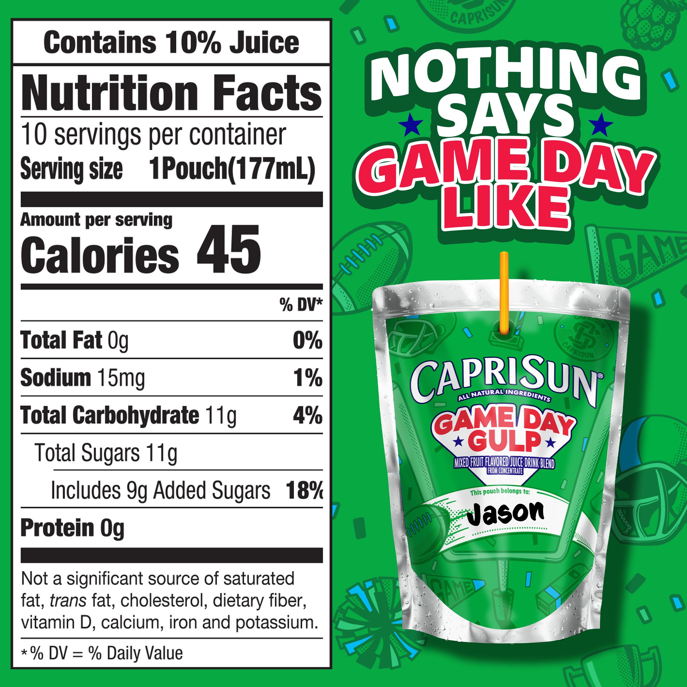 Capri Sun Game Day Gulp mixed fruit pouch offers a refreshing, kid-friendly flavor.
