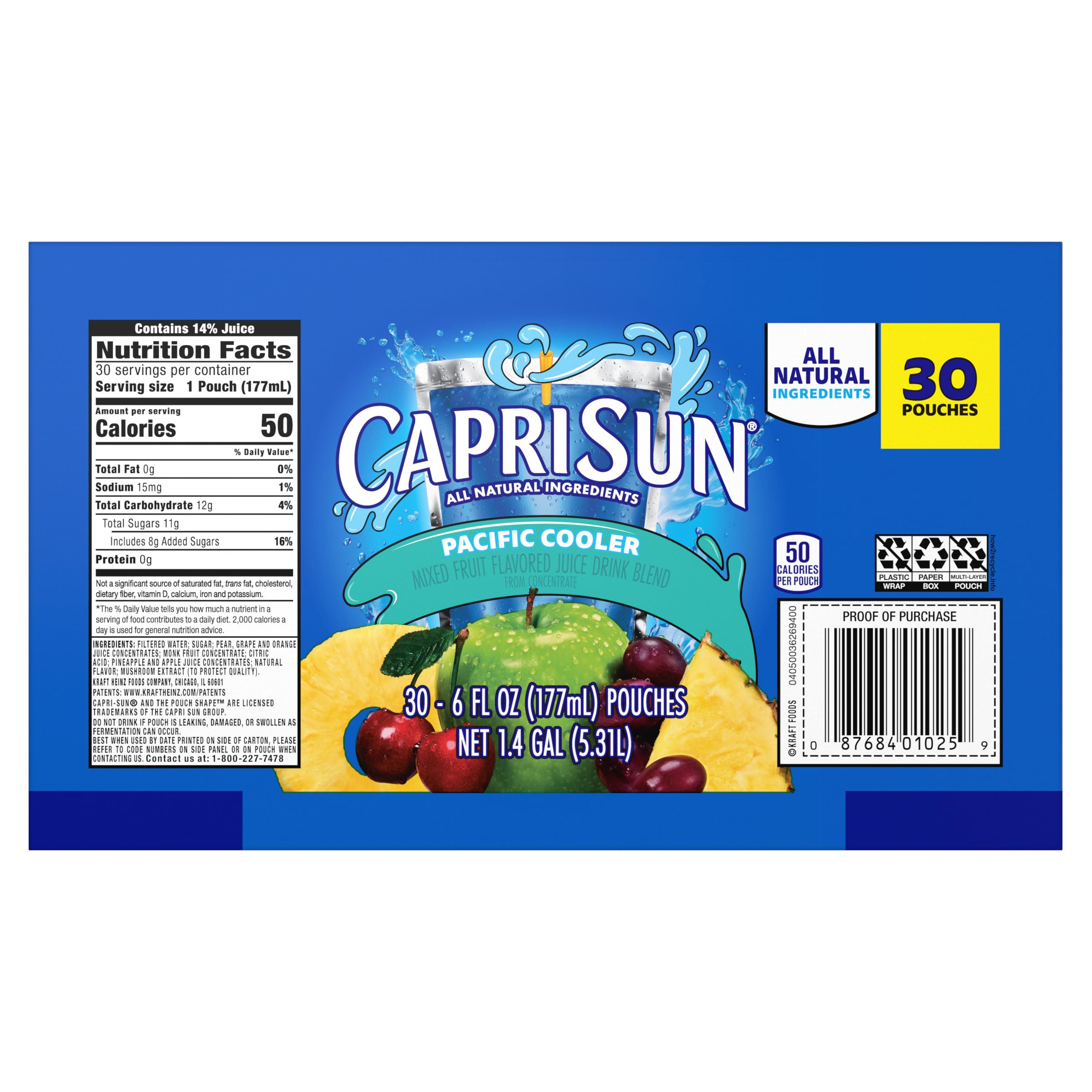 Capri Sun Pacific Cooler monk-fruit sweetened pouch for family-friendly refreshment.
