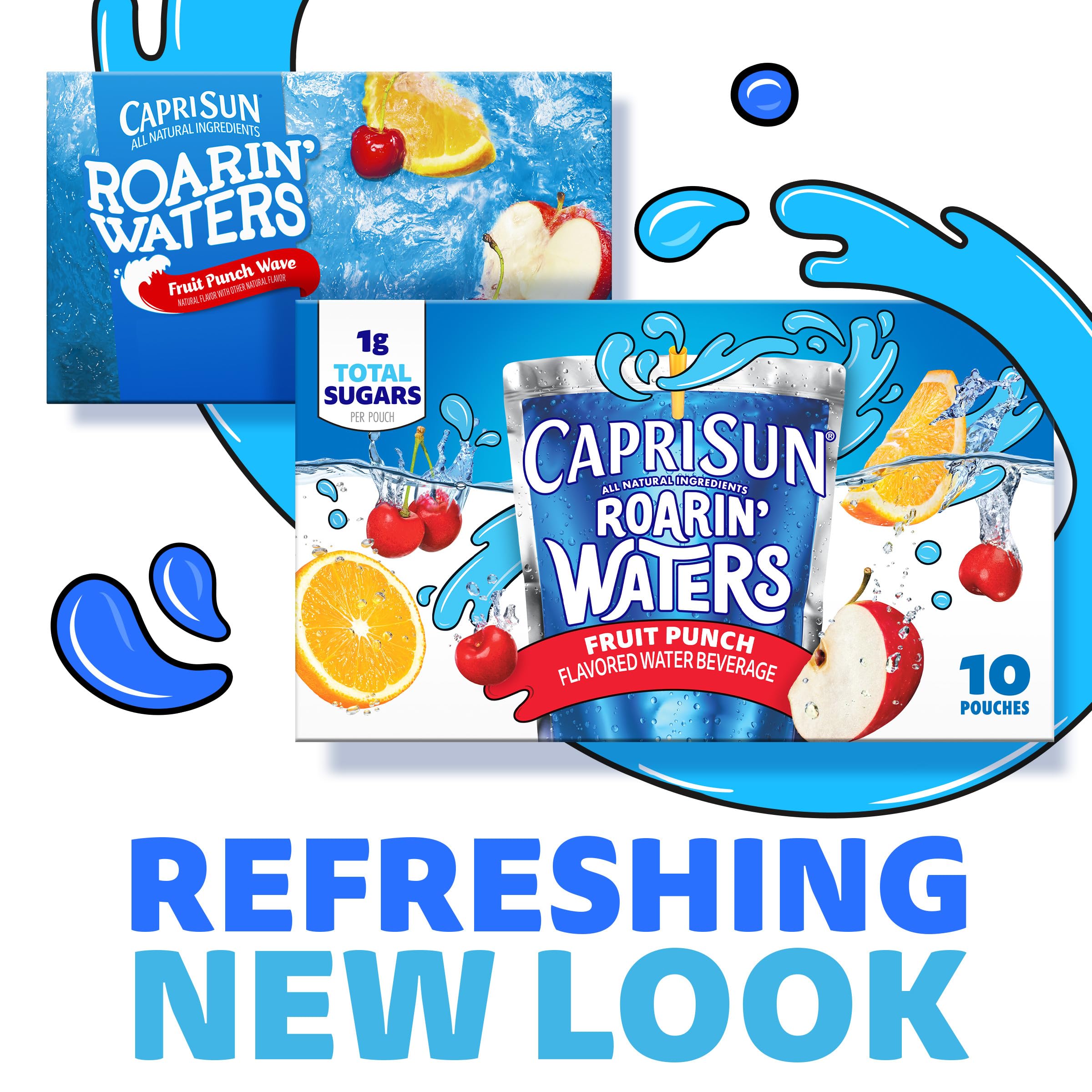 Capri Sun Roarin' Waters Fruit Punch pouch on a desk for quick break-time flavor.