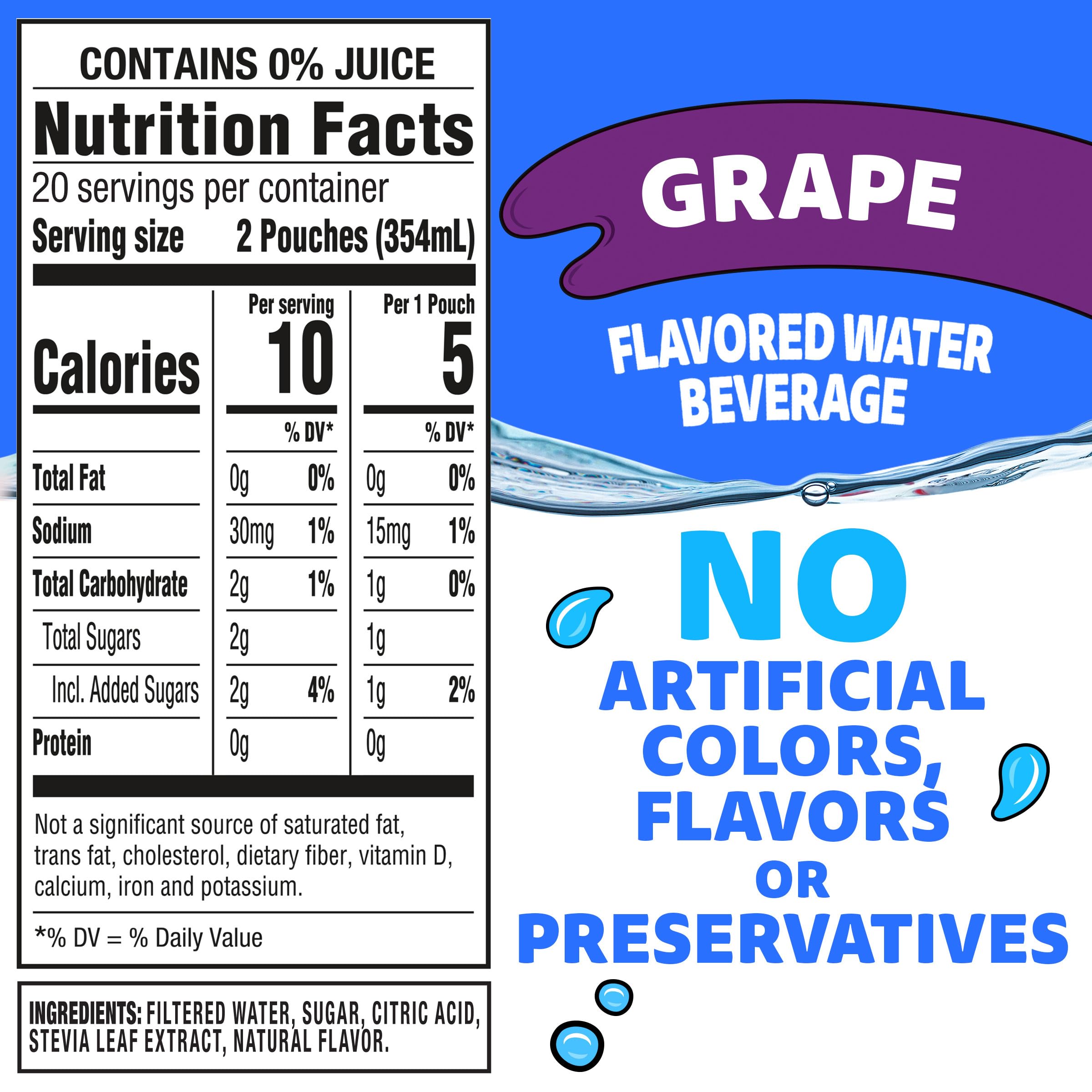 Capri Sun Roarin' Waters grape pouch close-up showing flavor