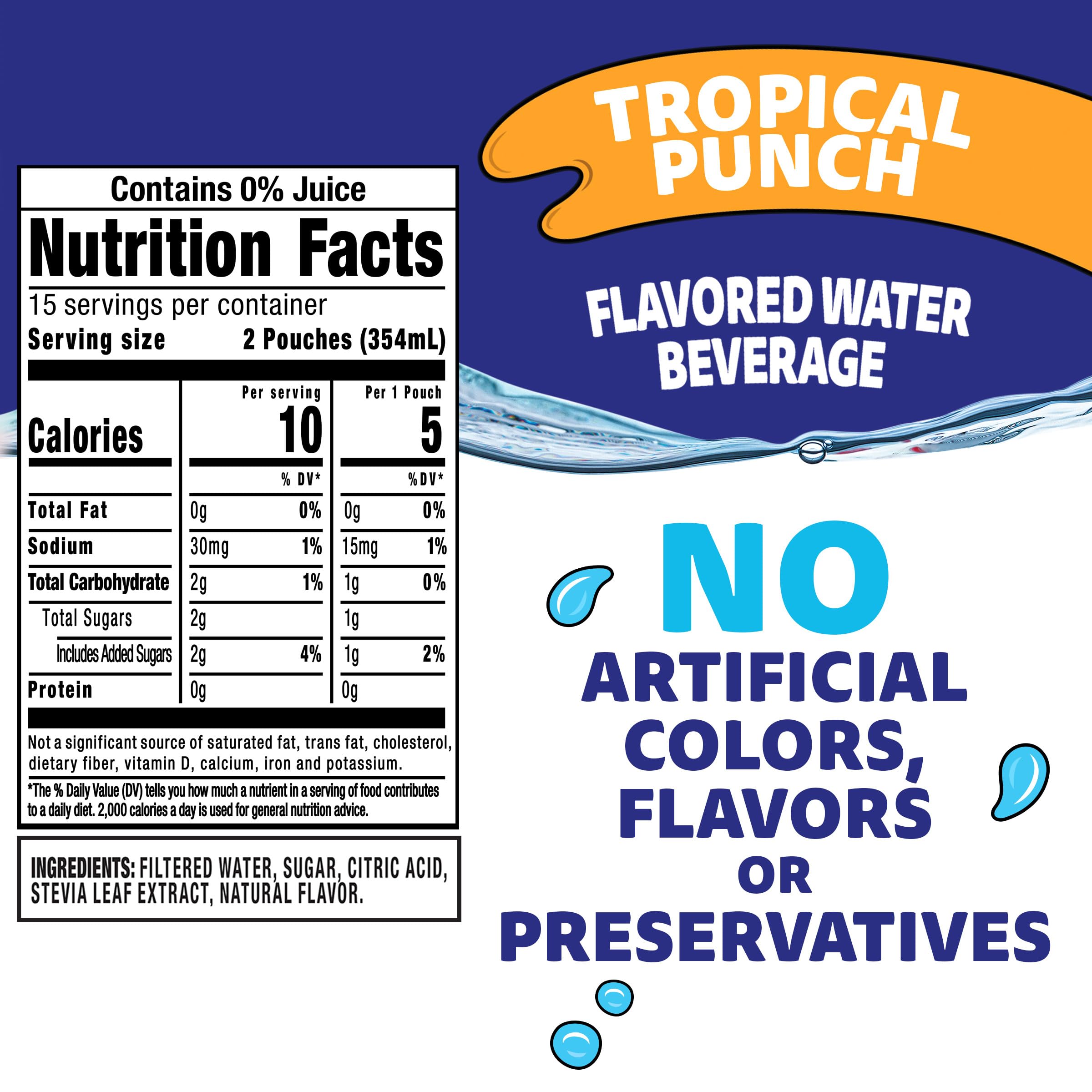 Capri Sun Roarin' Waters pouch back shows nutrition and sugar per pouch.