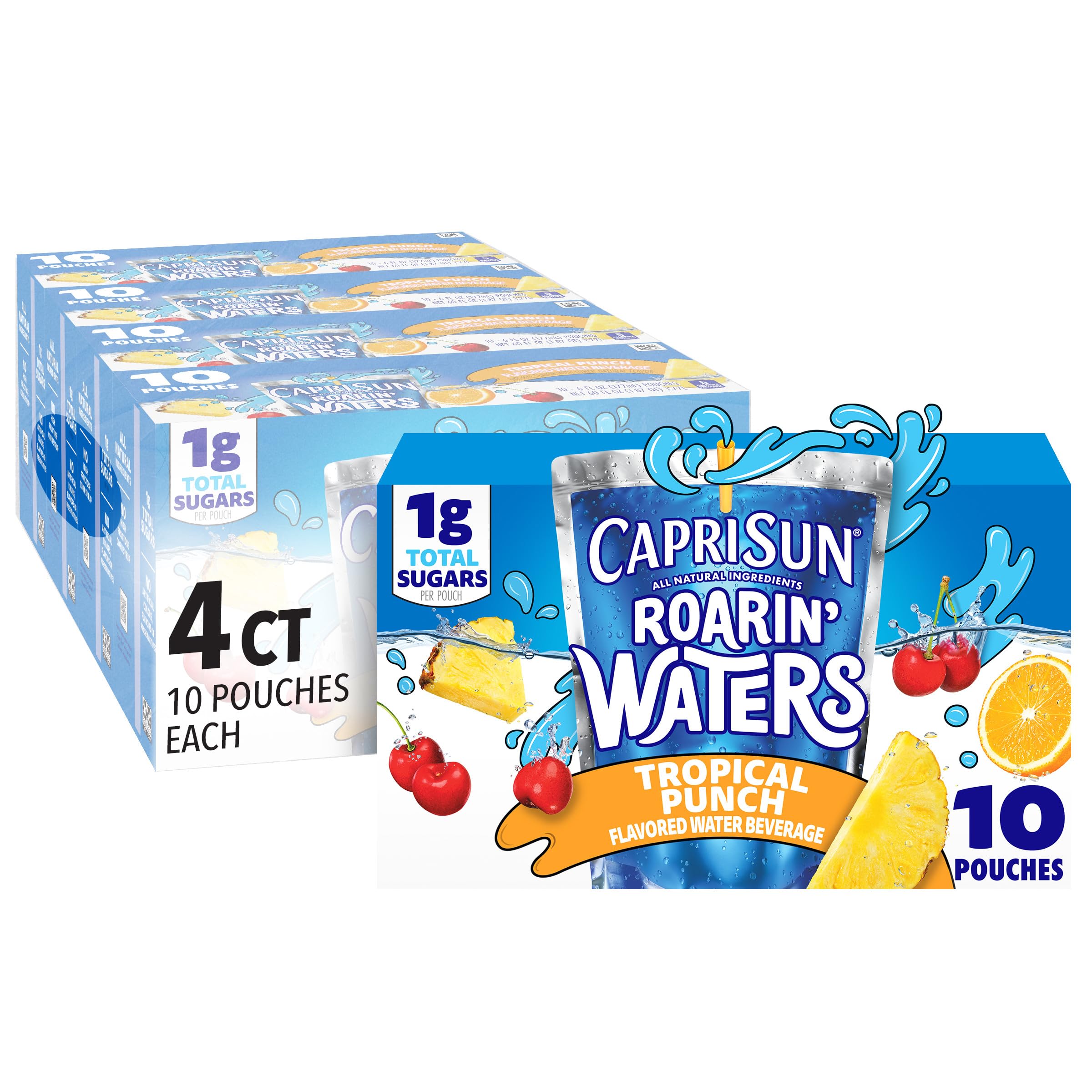 Capri Sun Roarin' Waters Tropical Punch pouch front for kid-friendly hydration