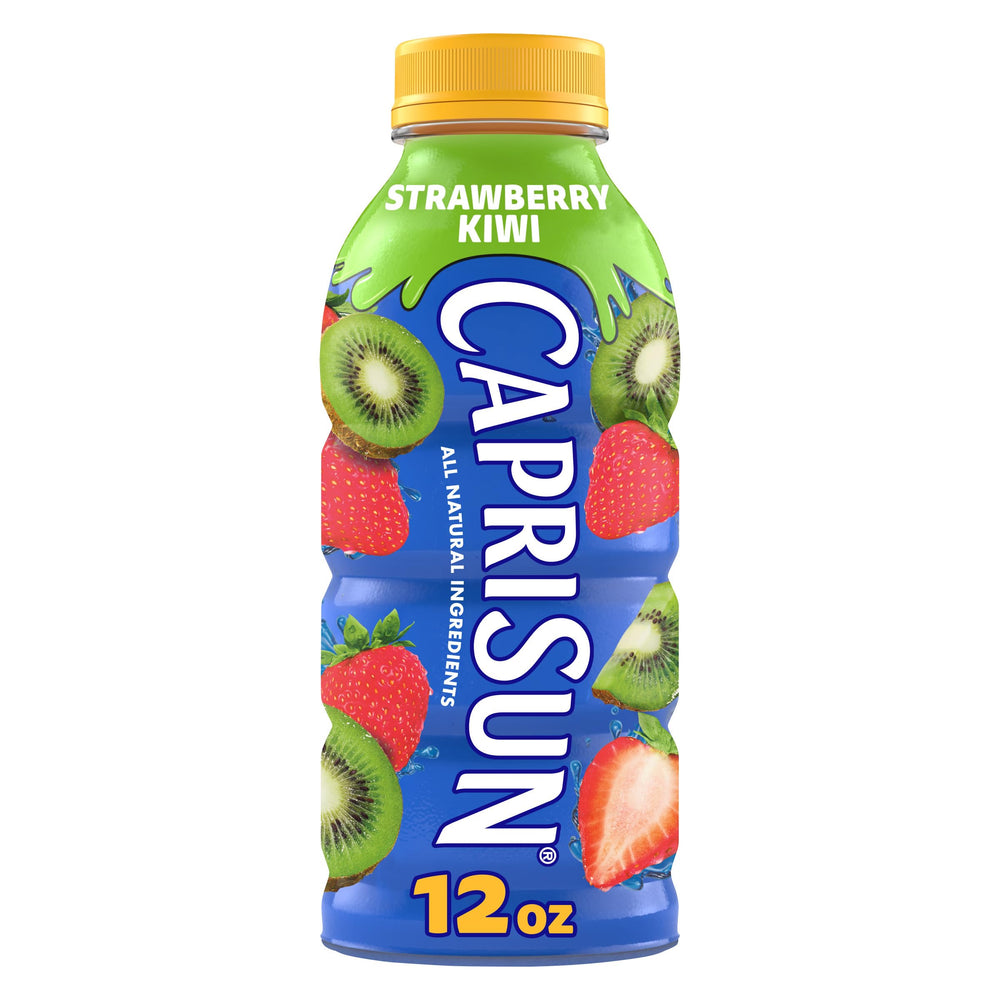 Capri Sun Strawberry Kiwi bottle showcases a convenient 12 oz on-the-go drink.