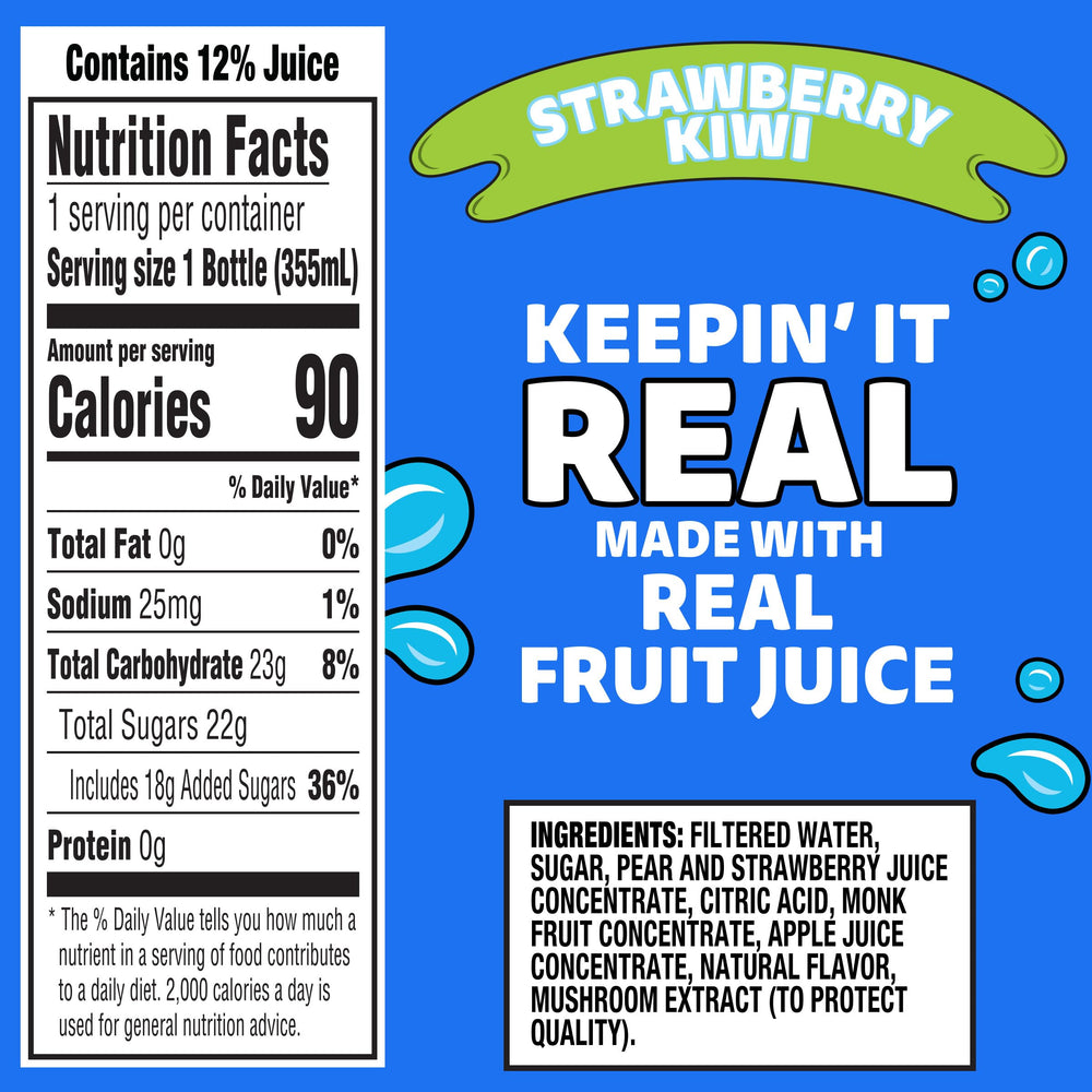 Capri Sun Strawberry Kiwi label highlights natural ingredients and real fruit juice.