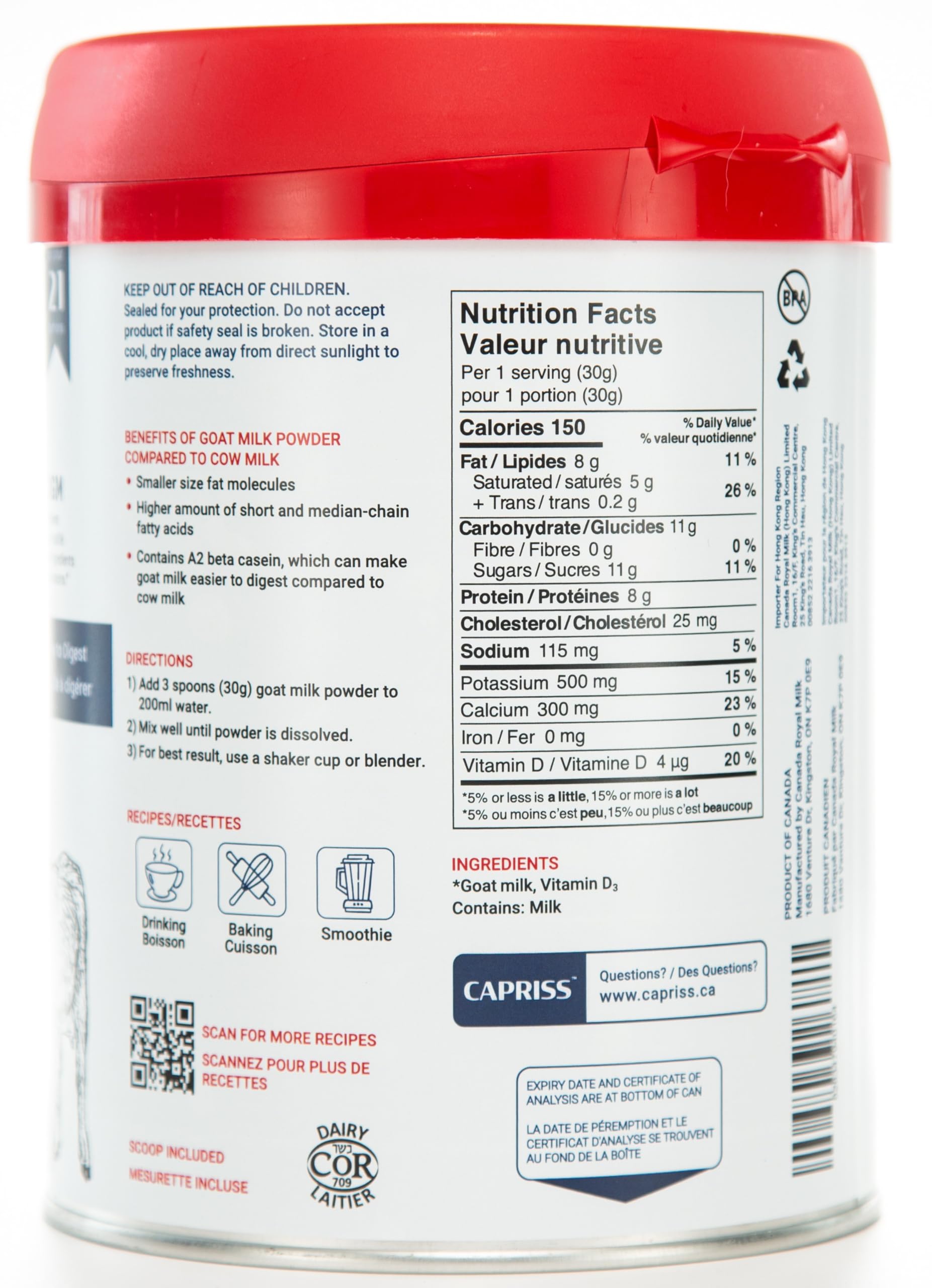 Capriss goat milk powder can highlights long shelf life with nitrogen fill.
