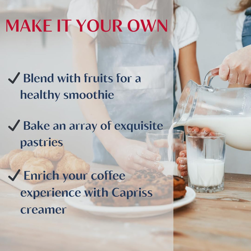 Capriss nitrogen-filled tin preserves creaminess and freshness.