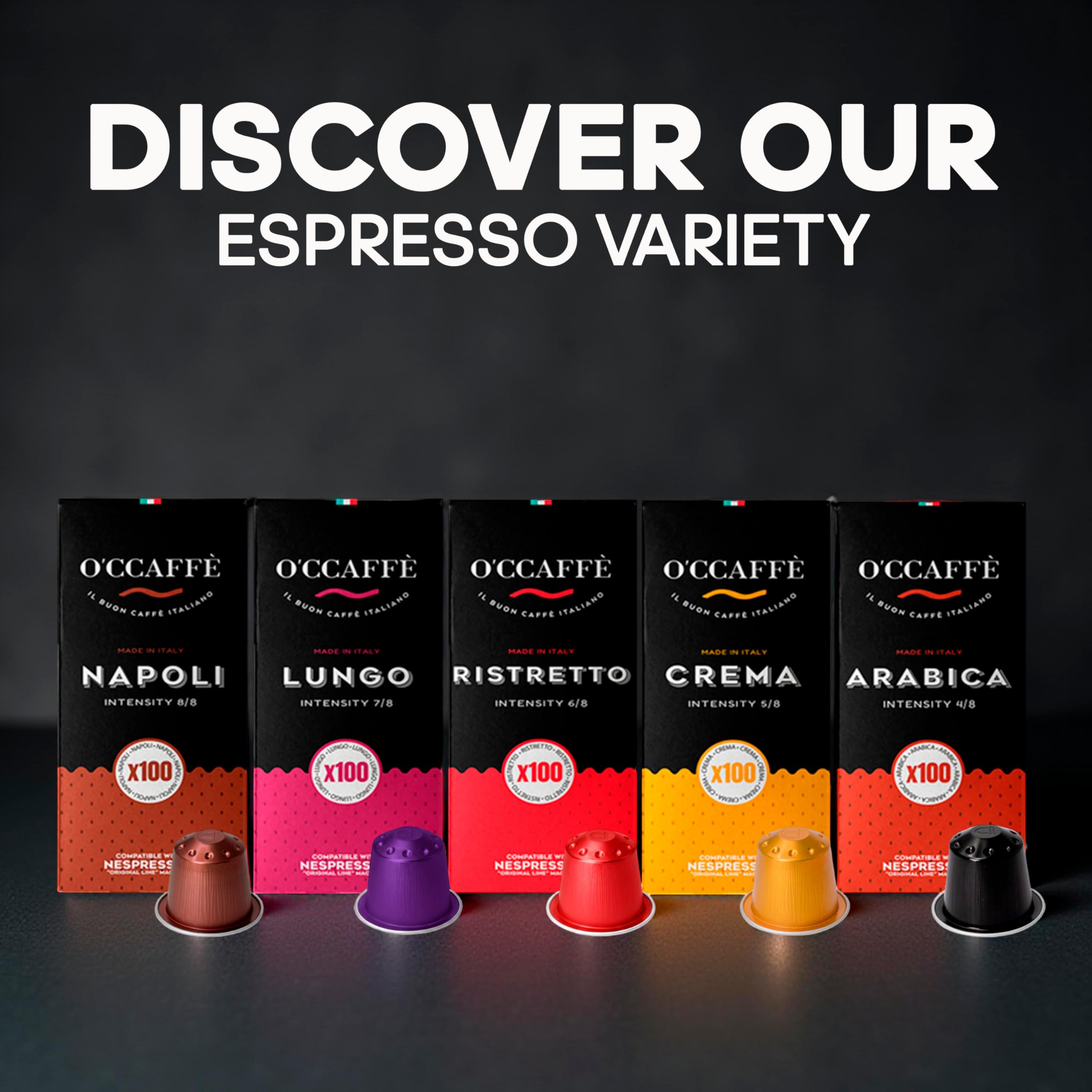 Capsucup Occaffe espresso capsules closeup highlighting rich crema and inviting aroma.