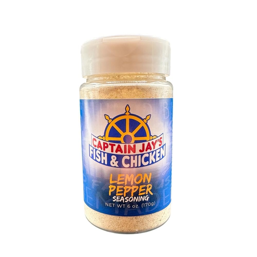 Captain Jay's Lemon Pepper Seasoning front label—perfect for seasoning fish and chicken.