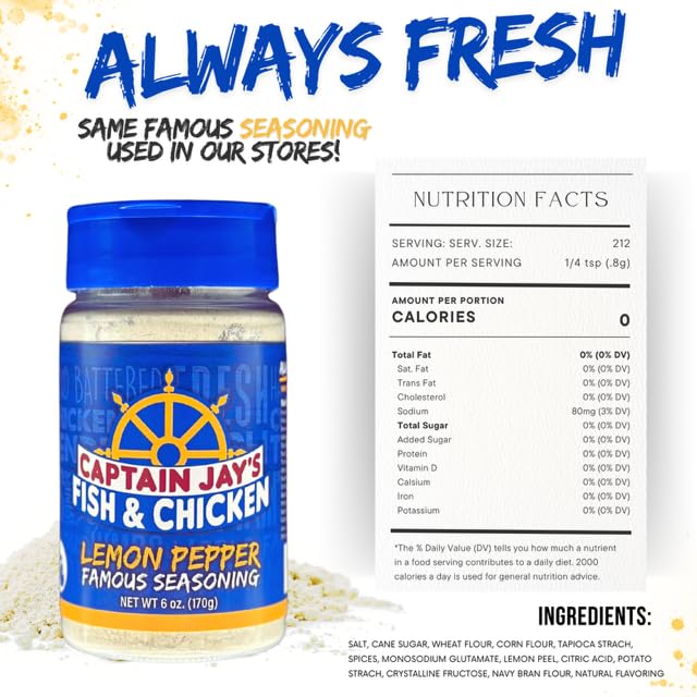 Captain Jay's Lemon Pepper shaker bottle—easy to sprinkle for precise flavoring.