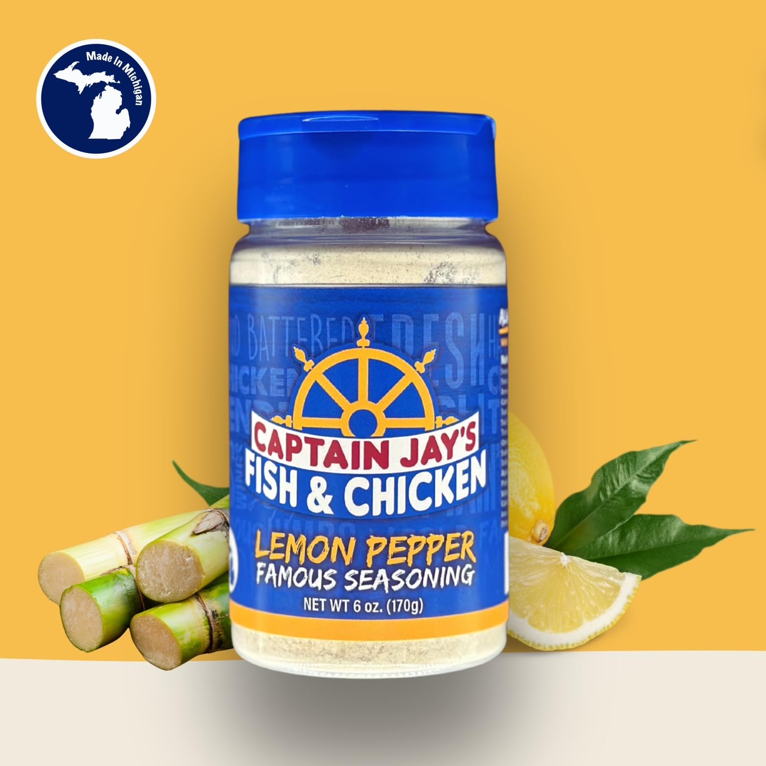 Kitchen scene with Captain Jay's Lemon Pepper on the counter—weeknight-ready.